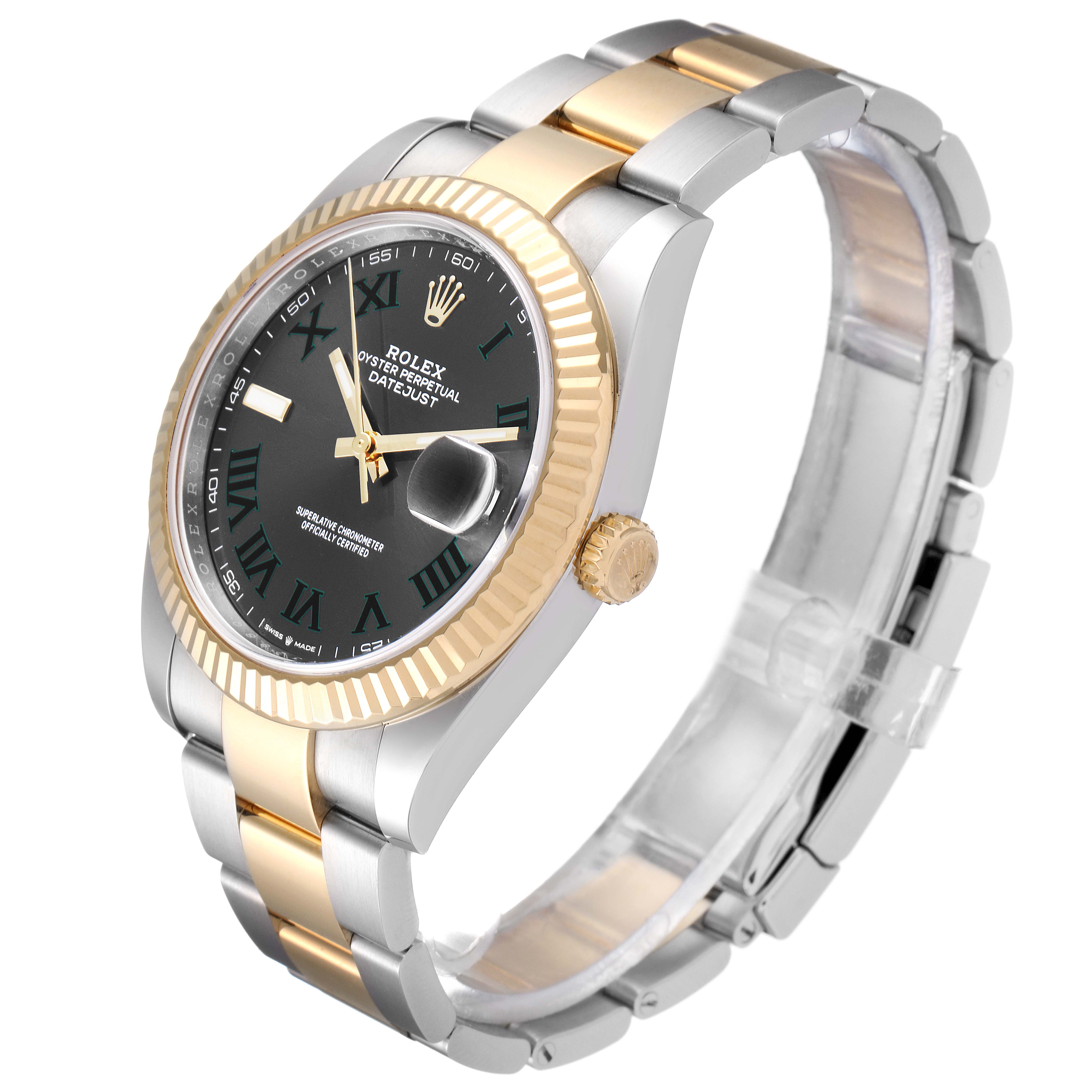 The Rolex Datejust 41 126333 Men's Steel and Gold (two tone) Grey Dial 126333 Men's Steel and Gold (two tone) Grey Dial watch is shown at a slight angle, highlighting its two-tone bracelet, fluted bezel, and dark dial with Roman numerals and date window.
