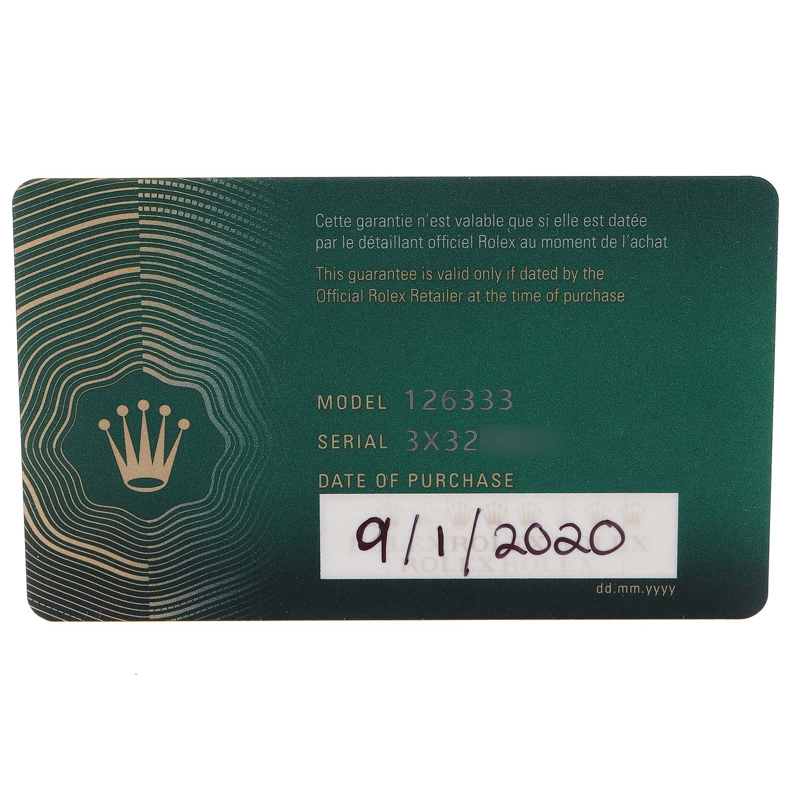 The image shows the guarantee card for a Rolex Datejust 41 126333 Men's Steel and Gold (two tone) Grey Dial 126333 Men's Steel and Gold (two tone) Grey Dial model 126333, displaying the serial number and date of purchase.