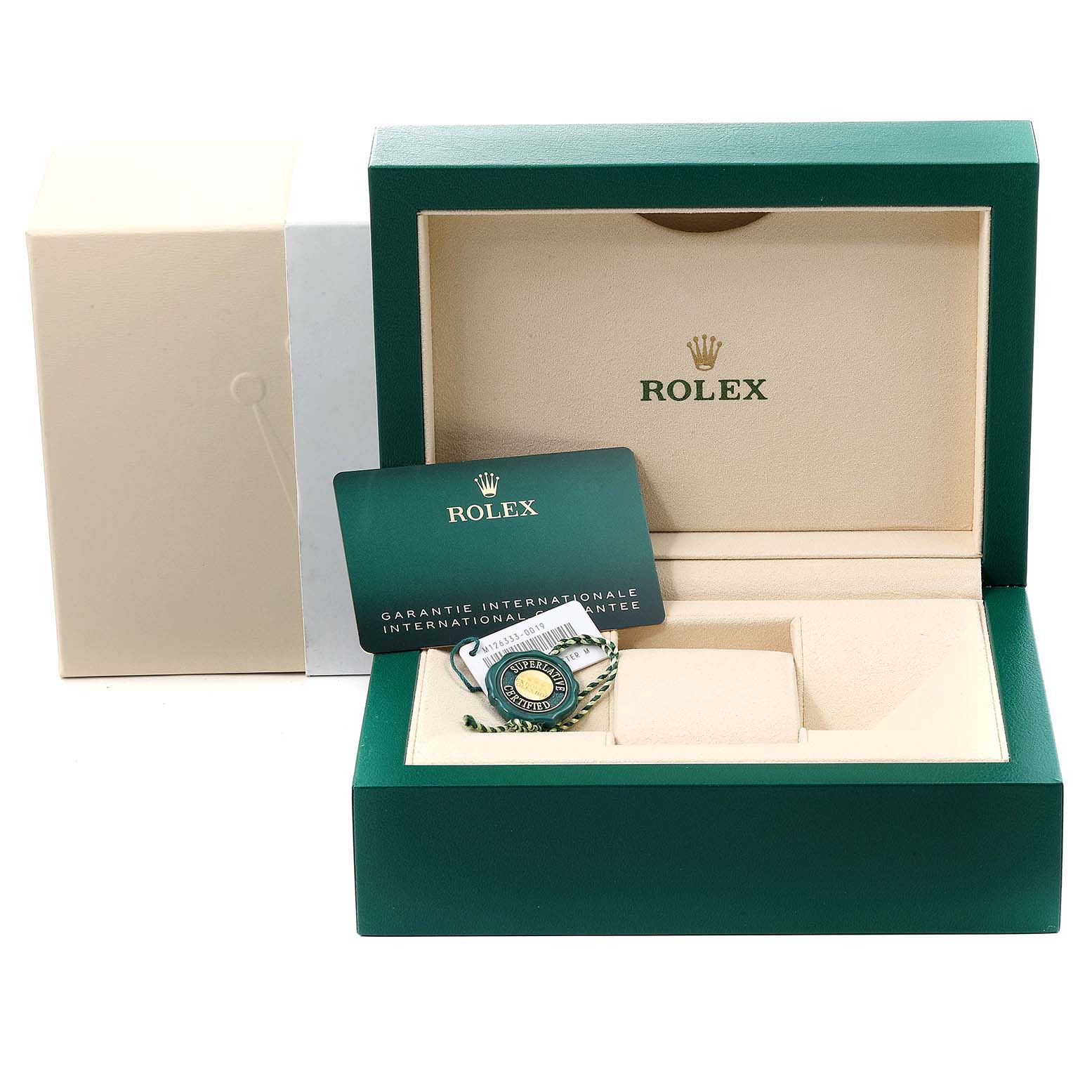 The image shows an open green Rolex Datejust 41 126333 Men's Steel and Gold (two tone) Grey Dial 126333 Men's Steel and Gold (two tone) Grey Dial box with a warranty card and tag inside.