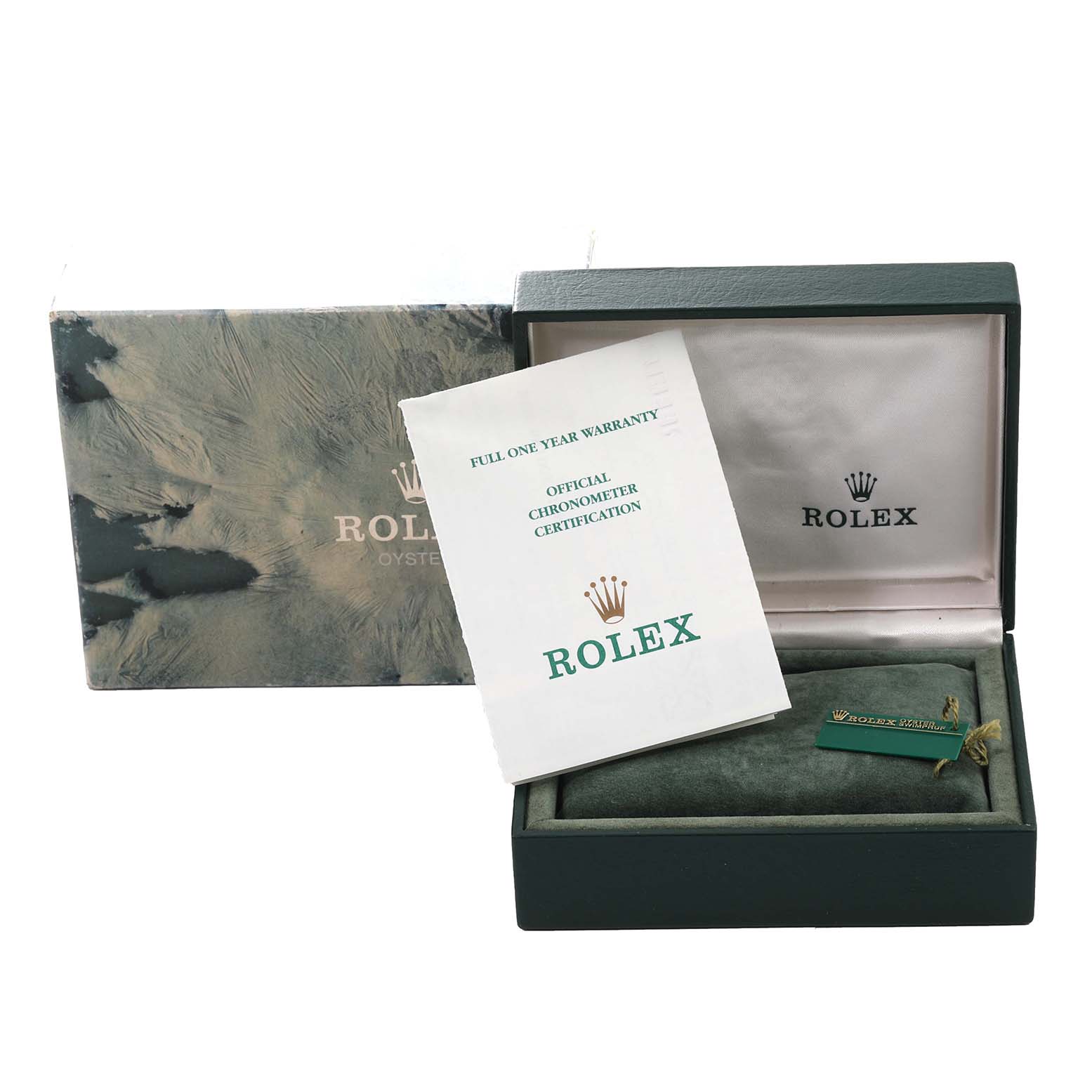 The image shows a Rolex Datejust 16220 Men's Stainless Steel Blue Dial 16220 Men's Stainless Steel Blue Dial watch box, warranty card, certification, and a placeholder tag in an open presentation box.