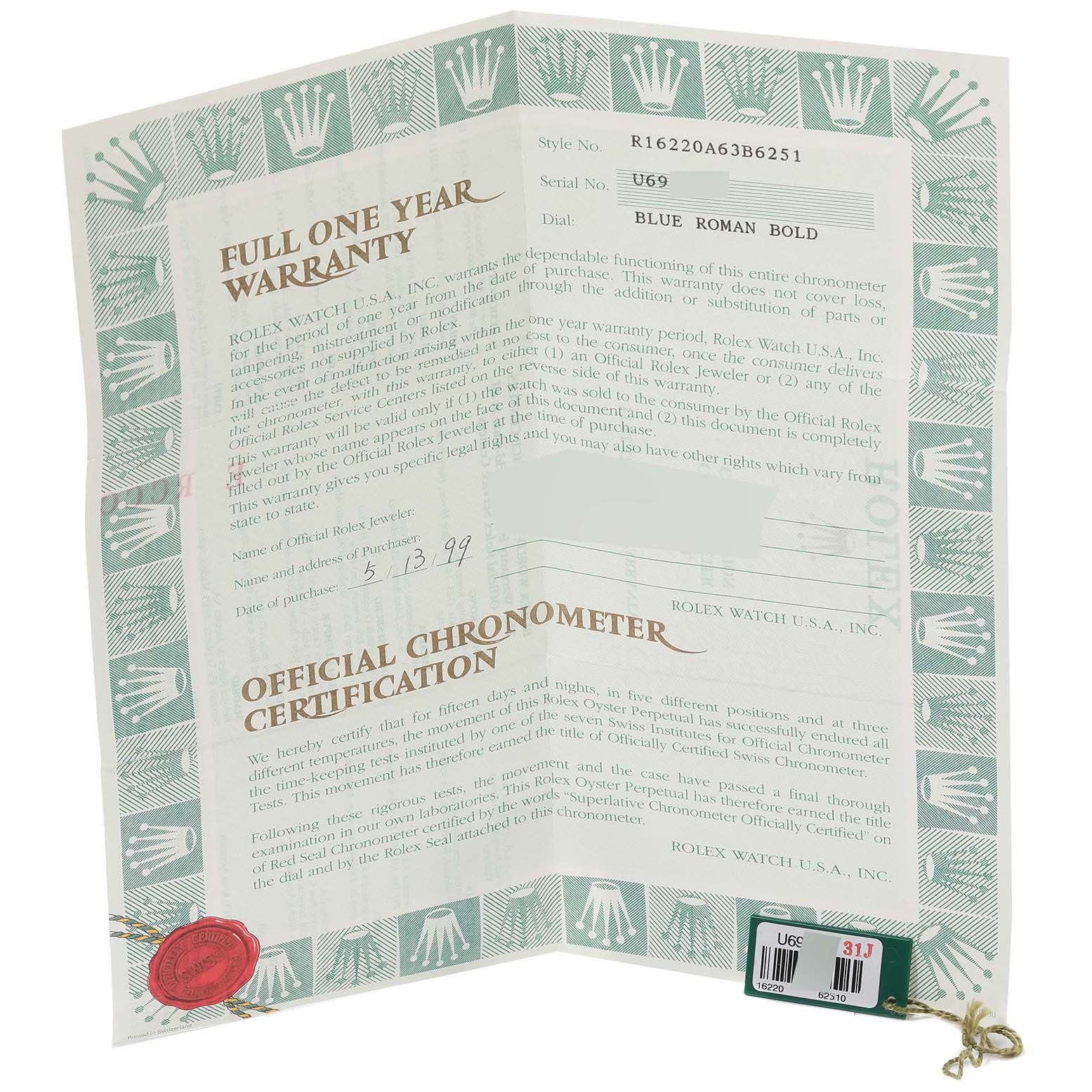The image shows the warranty and certification papers for a Rolex Datejust 16220 Men's Stainless Steel Blue Dial 16220 Men's Stainless Steel Blue Dial model watch.
