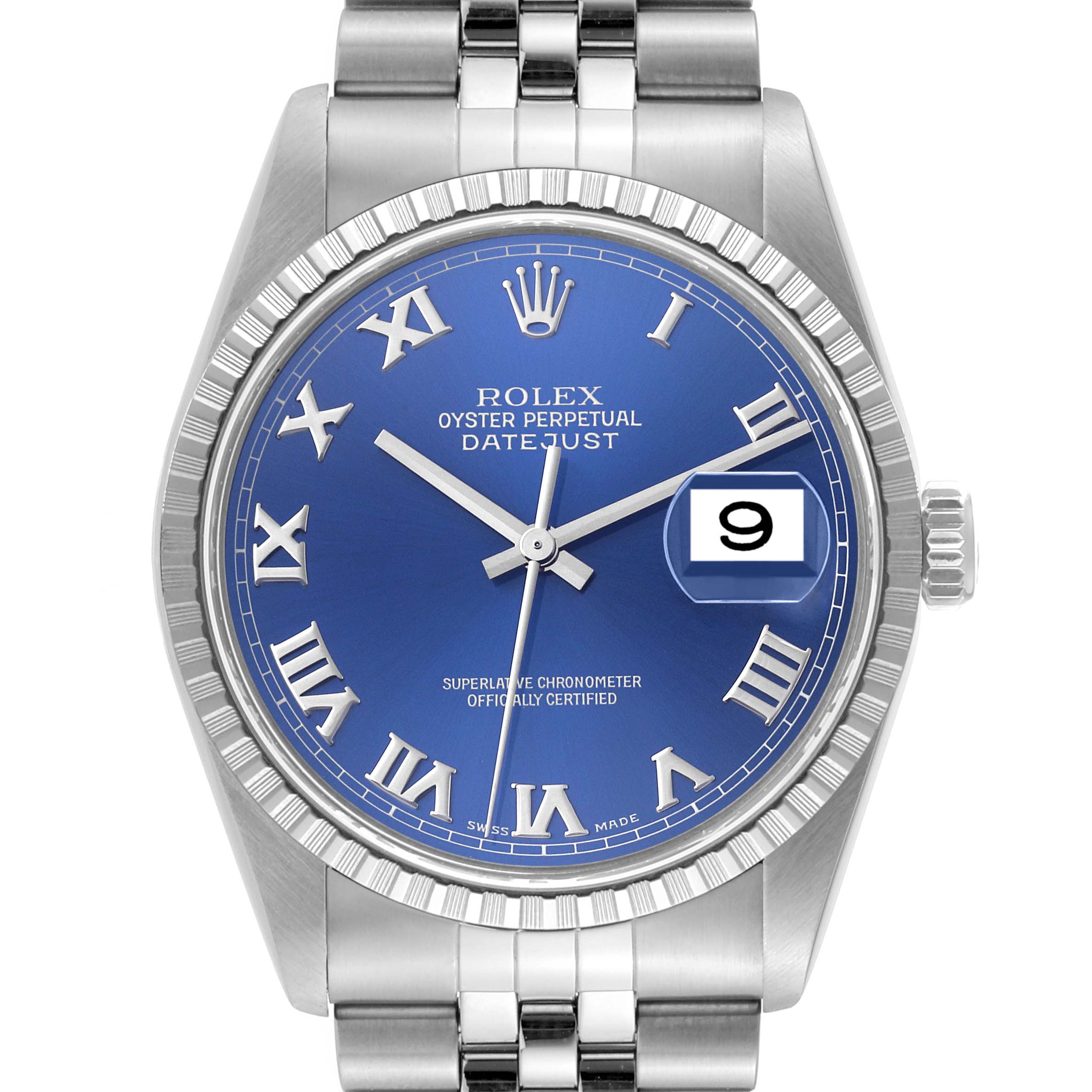 This image shows a front view of a Rolex Datejust 16220 Men's Stainless Steel Blue Dial 16220 Men's Stainless Steel Blue Dial watch, highlighting its blue dial, Roman numerals, and date display.
