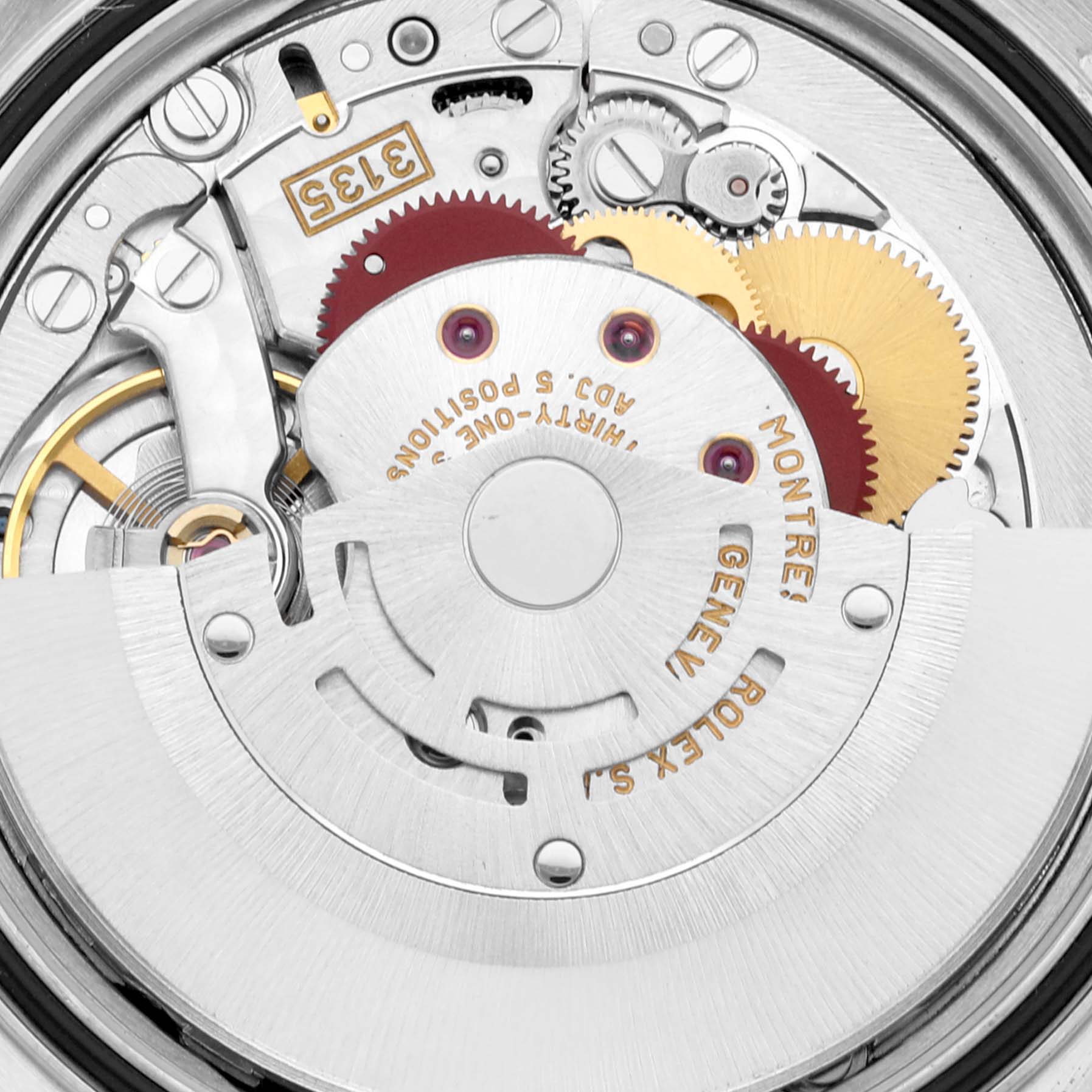 The image shows a close-up of the movement mechanism of a Rolex Datejust 16220 Men's Stainless Steel Blue Dial 16220 Men's Stainless Steel Blue Dial watch from the rear angle.