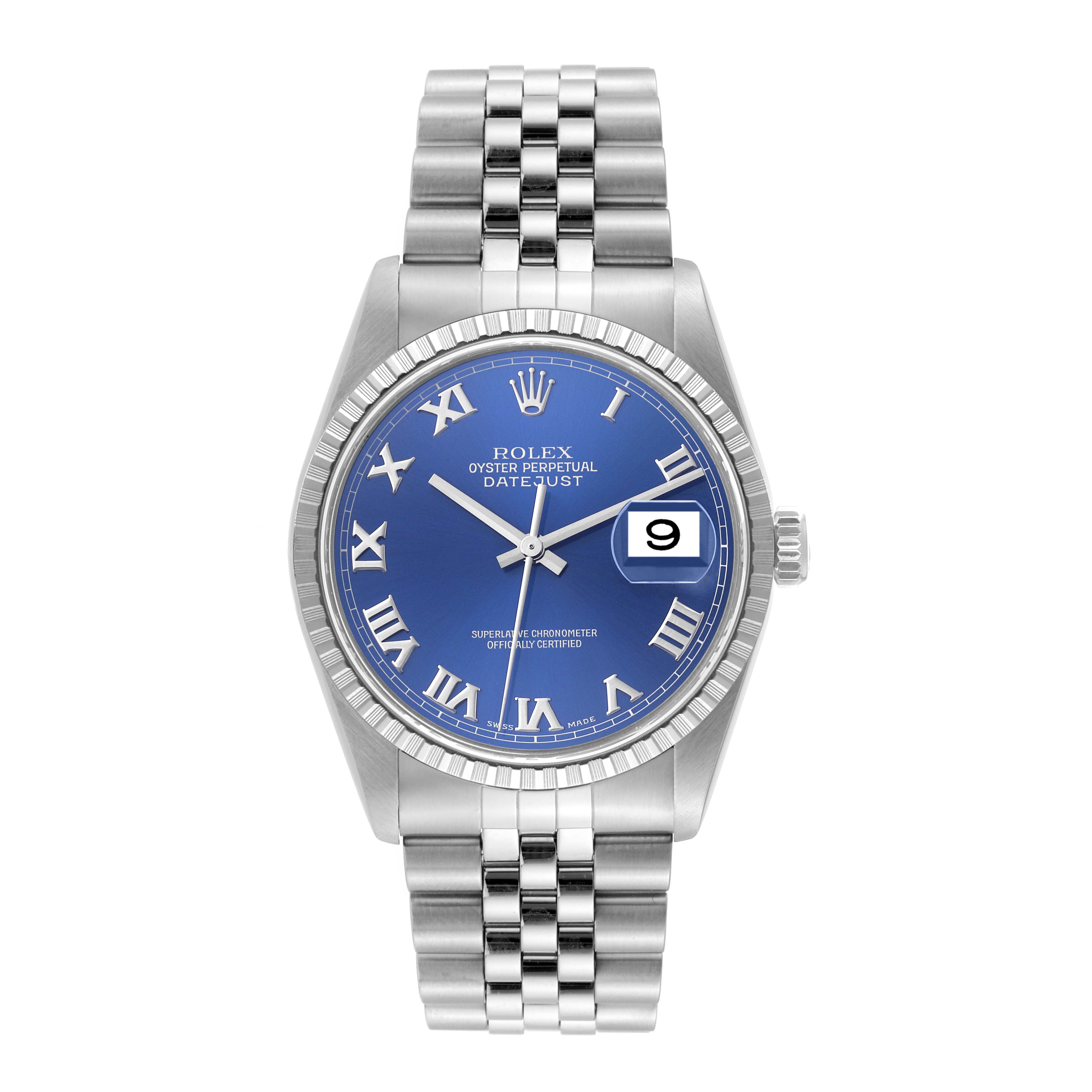 This Rolex Datejust 16220 Men's Stainless Steel Blue Dial 16220 Men's Stainless Steel Blue Dial watch is shown from the front, revealing its blue dial, date display, and Jubilee bracelet.