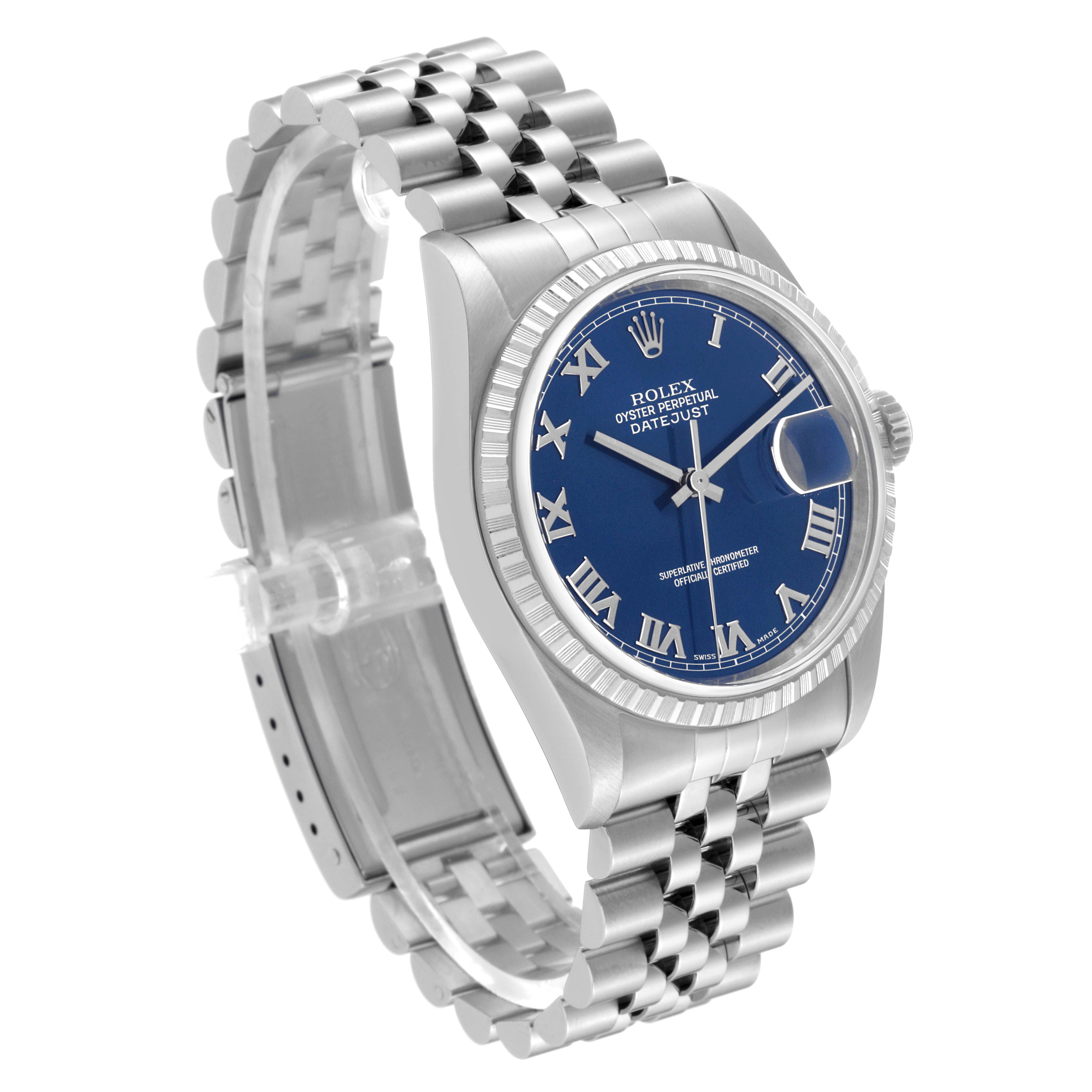 This image shows a Rolex Datejust 16220 Men's Stainless Steel Blue Dial 16220 Men's Stainless Steel Blue Dial watch at a three-quarter angle, highlighting the blue dial, fluted bezel, and Jubilee bracelet.