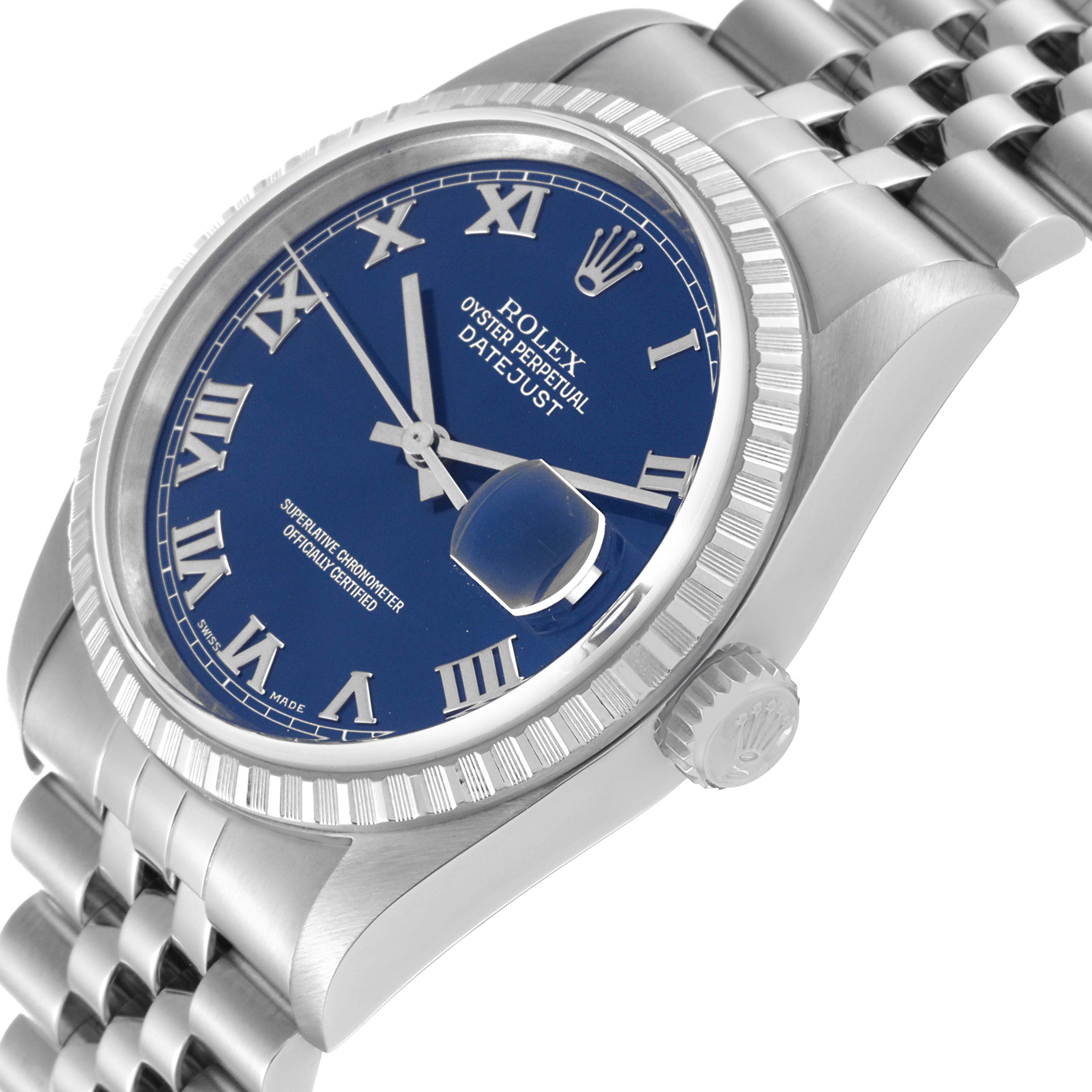 This image shows a side angle of a Rolex Datejust 16220 Men's Stainless Steel Blue Dial 16220 Men's Stainless Steel Blue Dial watch featuring its face, bezel, crown, and part of the bracelet.
