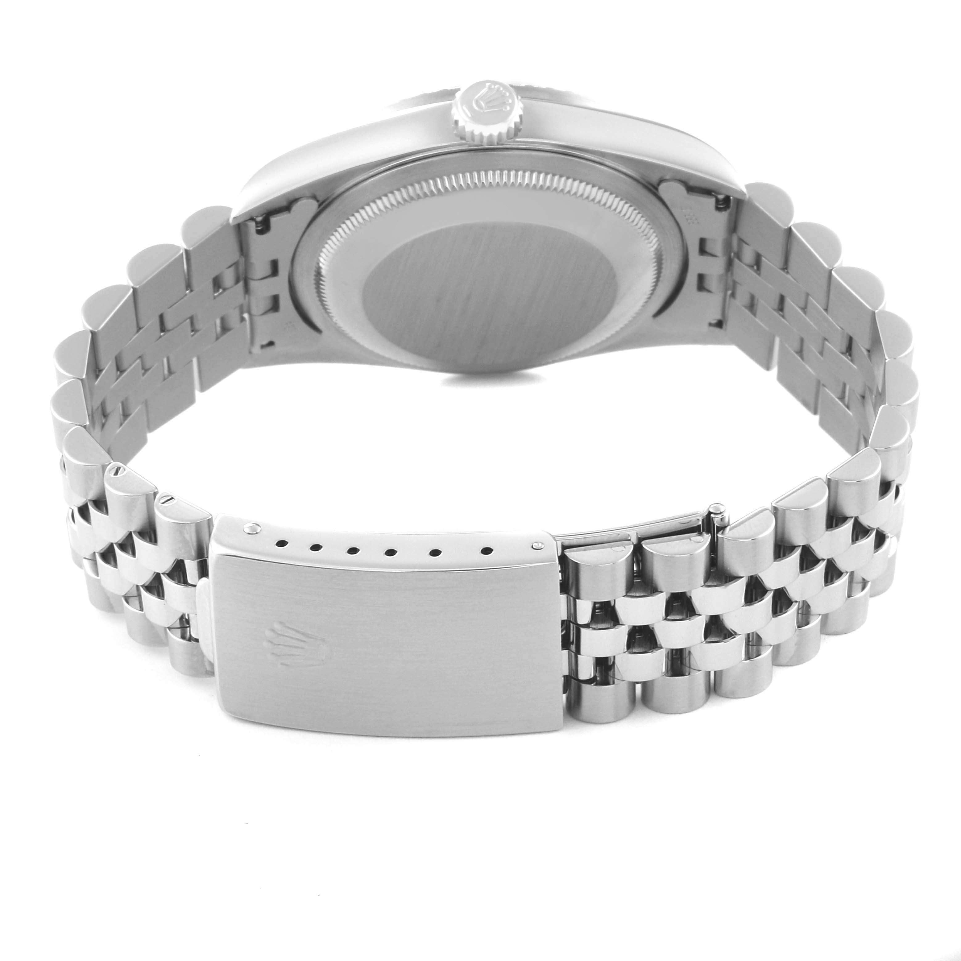 This image shows the backside and bracelet of a Rolex Datejust 16220 Men's Stainless Steel Blue Dial 16220 Men's Stainless Steel Blue Dial watch, specifically the case back and clasp.