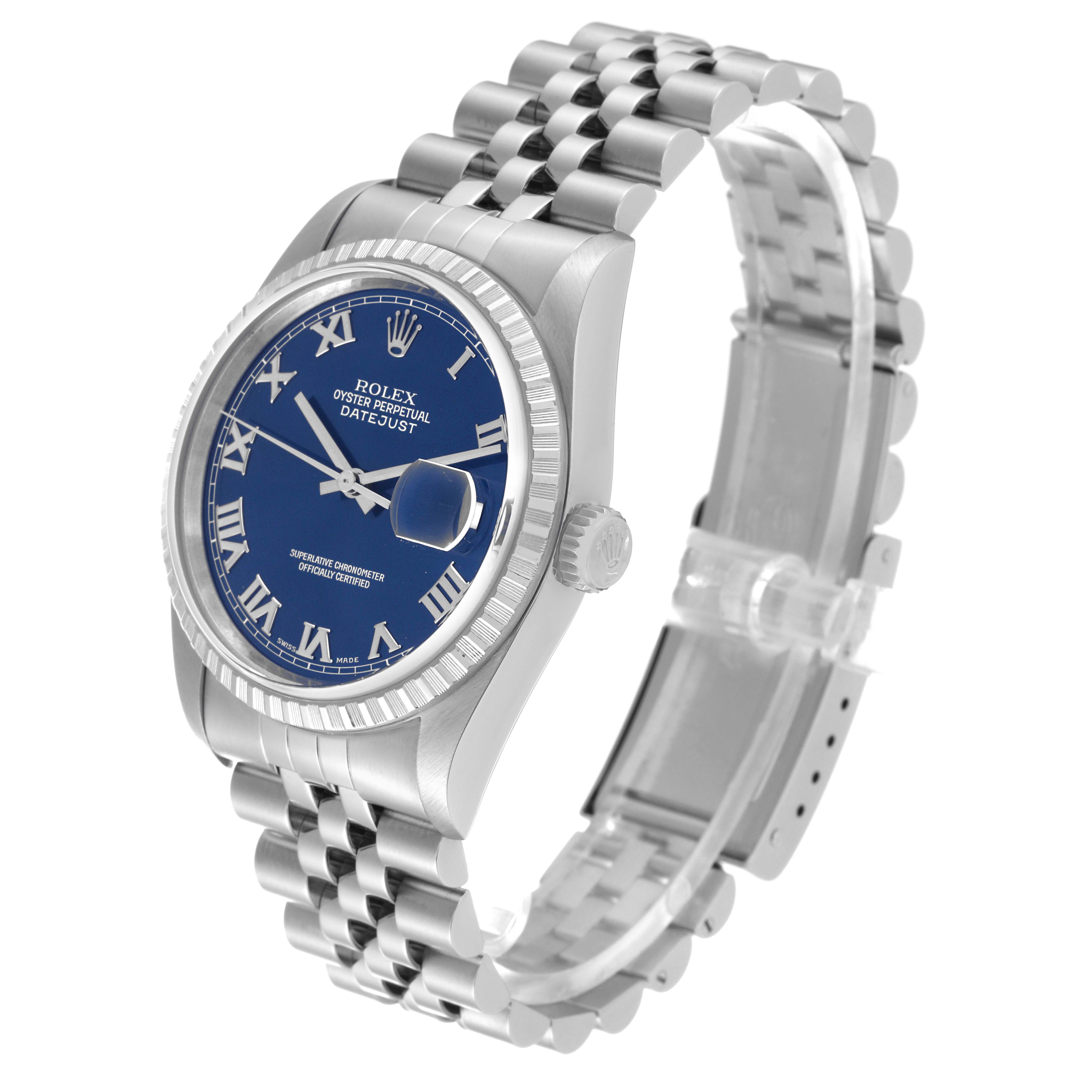 The image shows a Rolex Datejust 16220 Men's Stainless Steel Blue Dial 16220 Men's Stainless Steel Blue Dial watch at a three-quarter angle, highlighting the face, bezel, crown, and bracelet.