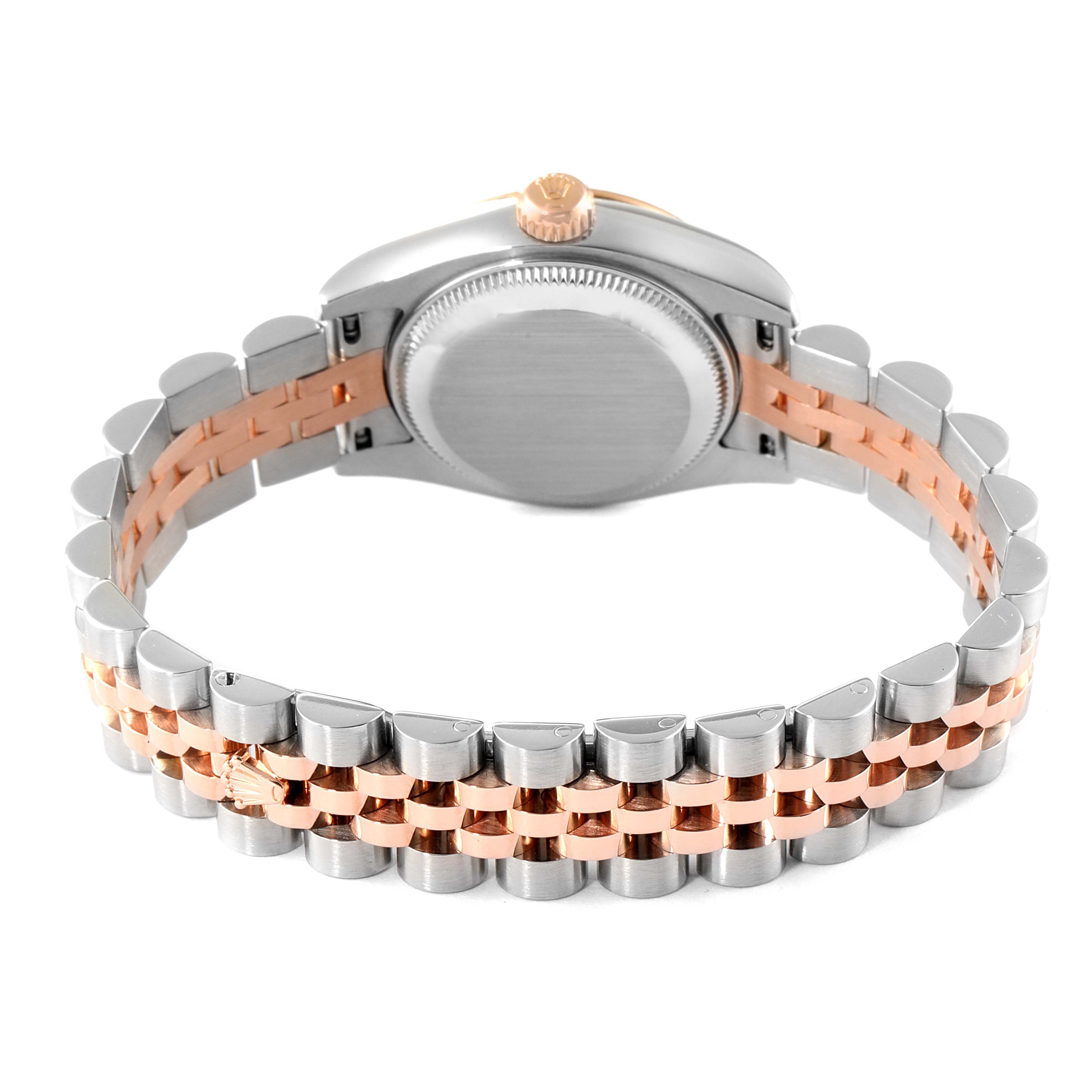 The image shows the back and bracelet of the Rolex Datejust 179171 Women's Steel and Gold (two tone) Pink Dial 179171 Women's Steel and Gold (two tone) Pink Dial watch, featuring a silver and rose gold combination.