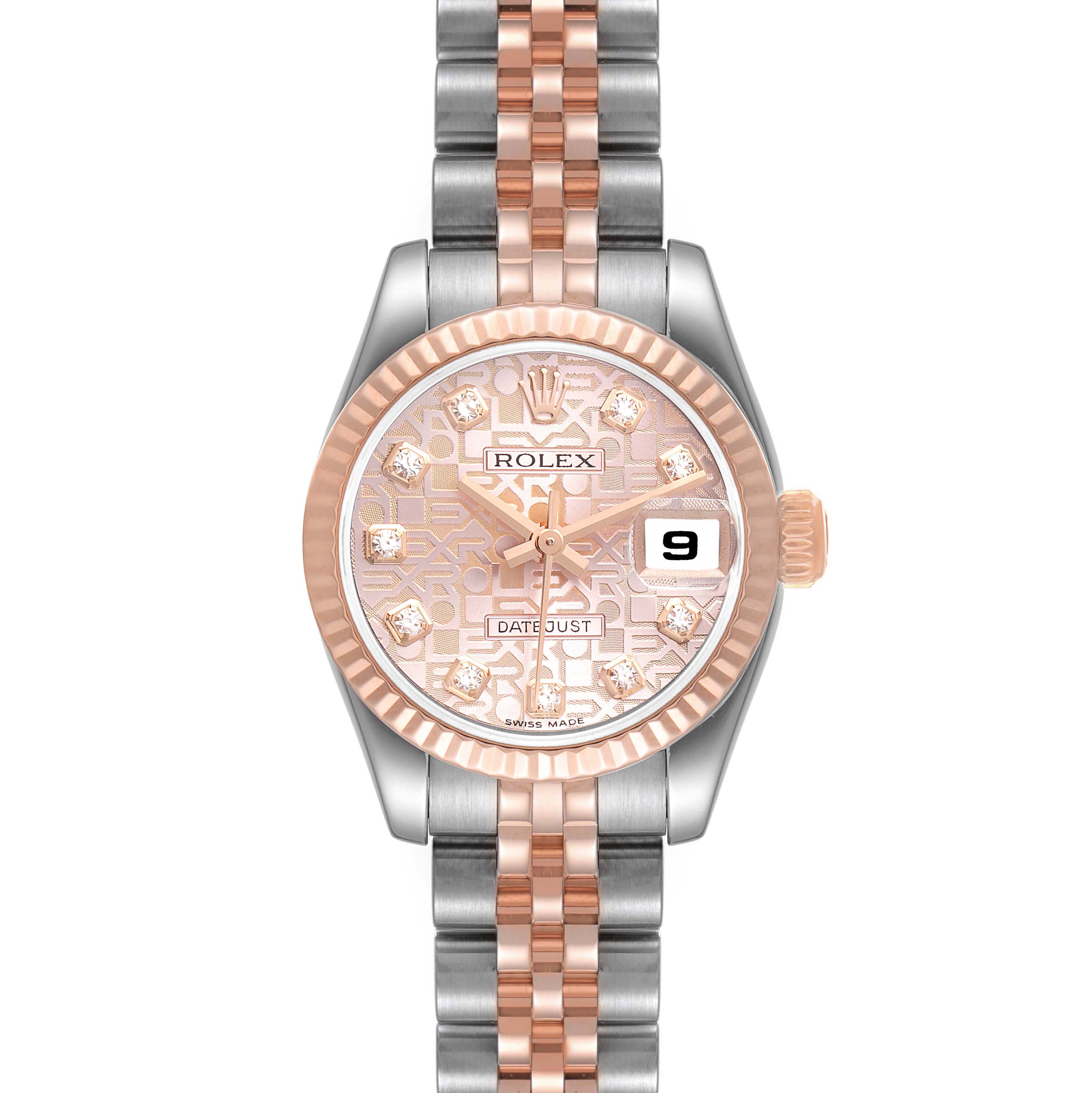 The Rolex Datejust 179171 Women's Steel and Gold (two tone) Pink Dial 179171 Women's Steel and Gold (two tone) Pink Dial watch is shown from a top-down angle, highlighting its face, bezel, and bracelet.