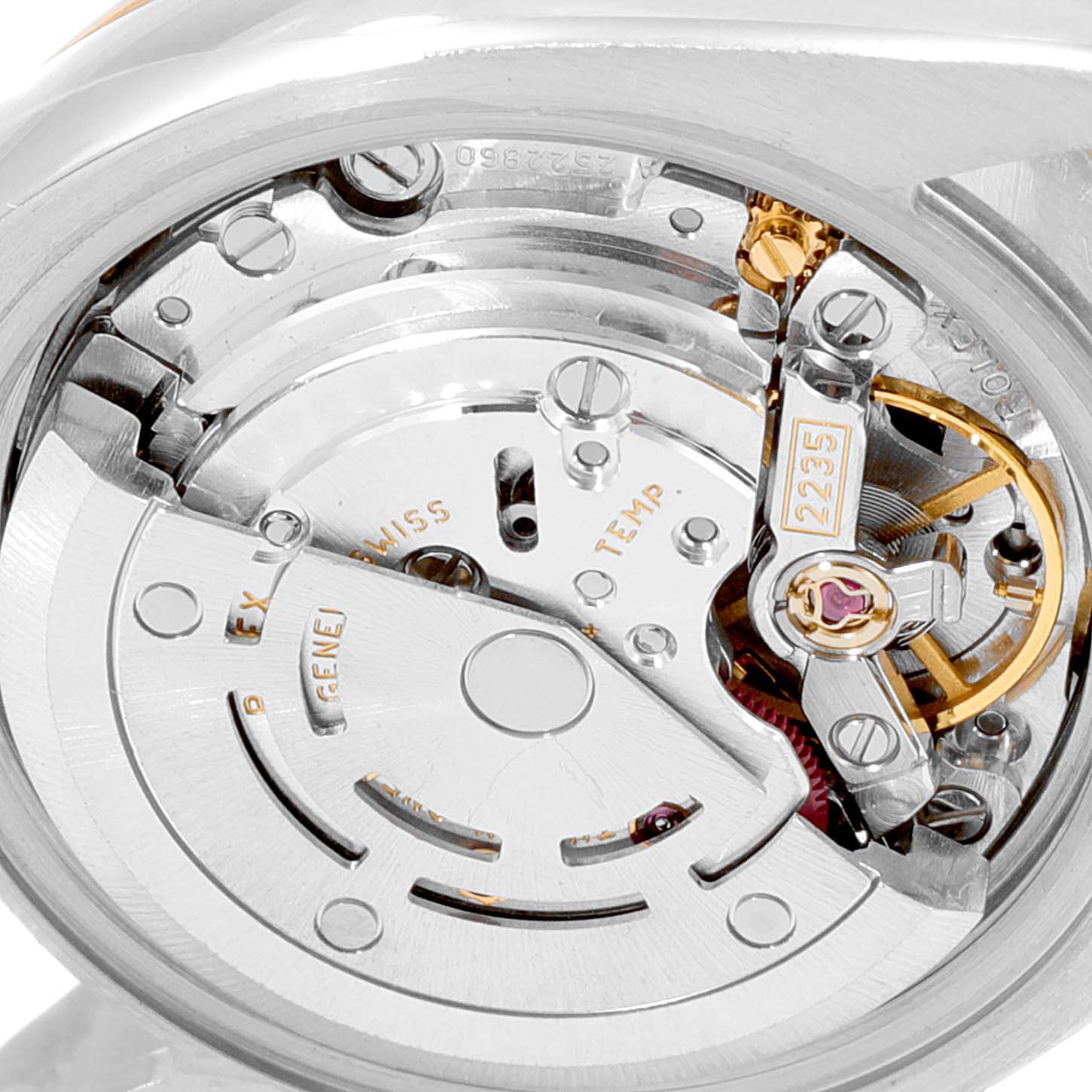 This image shows the movement mechanism of the Rolex Datejust 179171 Women's Steel and Gold (two tone) Pink Dial 179171 Women's Steel and Gold (two tone) Pink Dial watch model, focusing on the intricate inner parts.