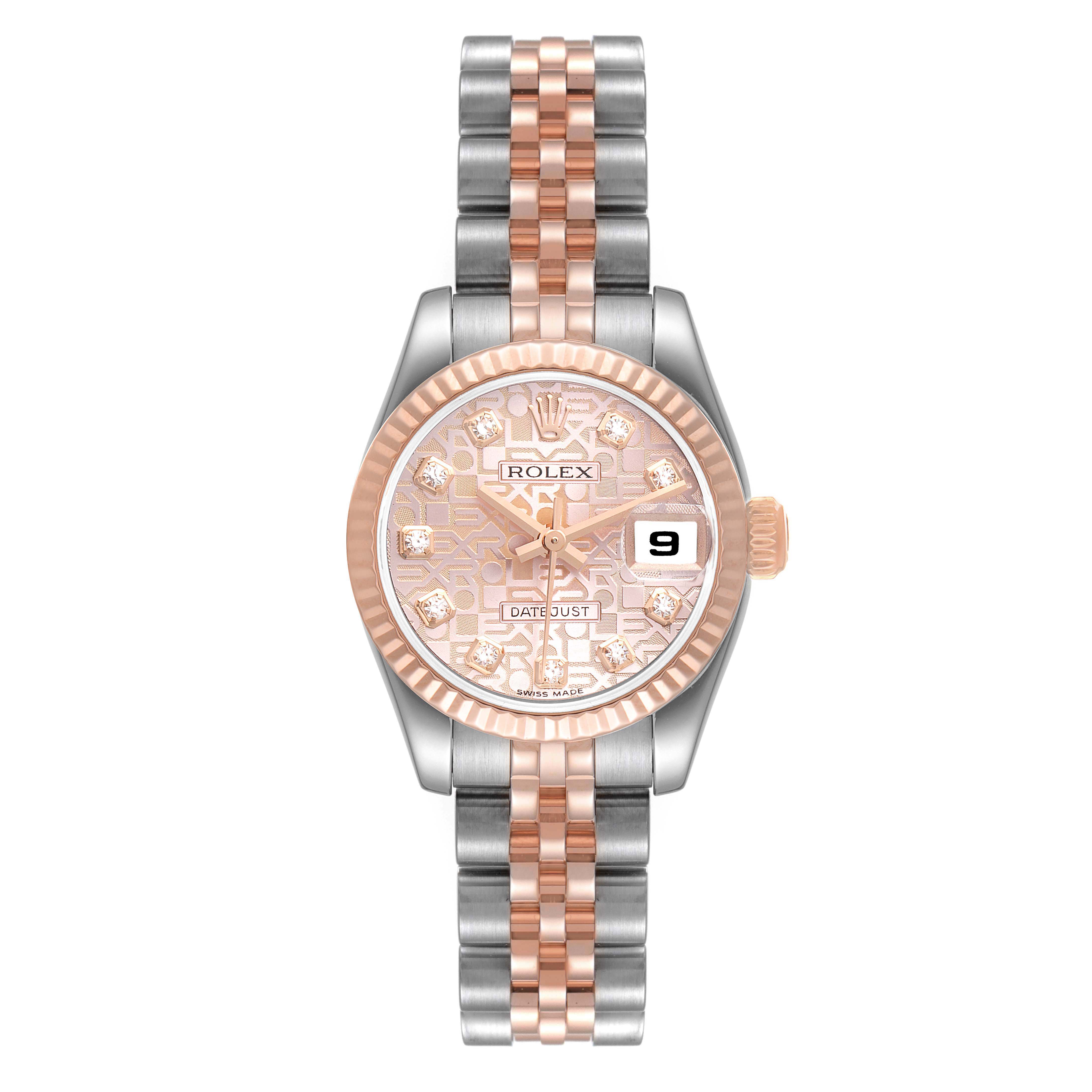 The image shows a front view of a Rolex Datejust 179171 Women's Steel and Gold (two tone) Pink Dial 179171 Women's Steel and Gold (two tone) Pink Dial watch, highlighting its dial, bezel, and two-tone bracelet.