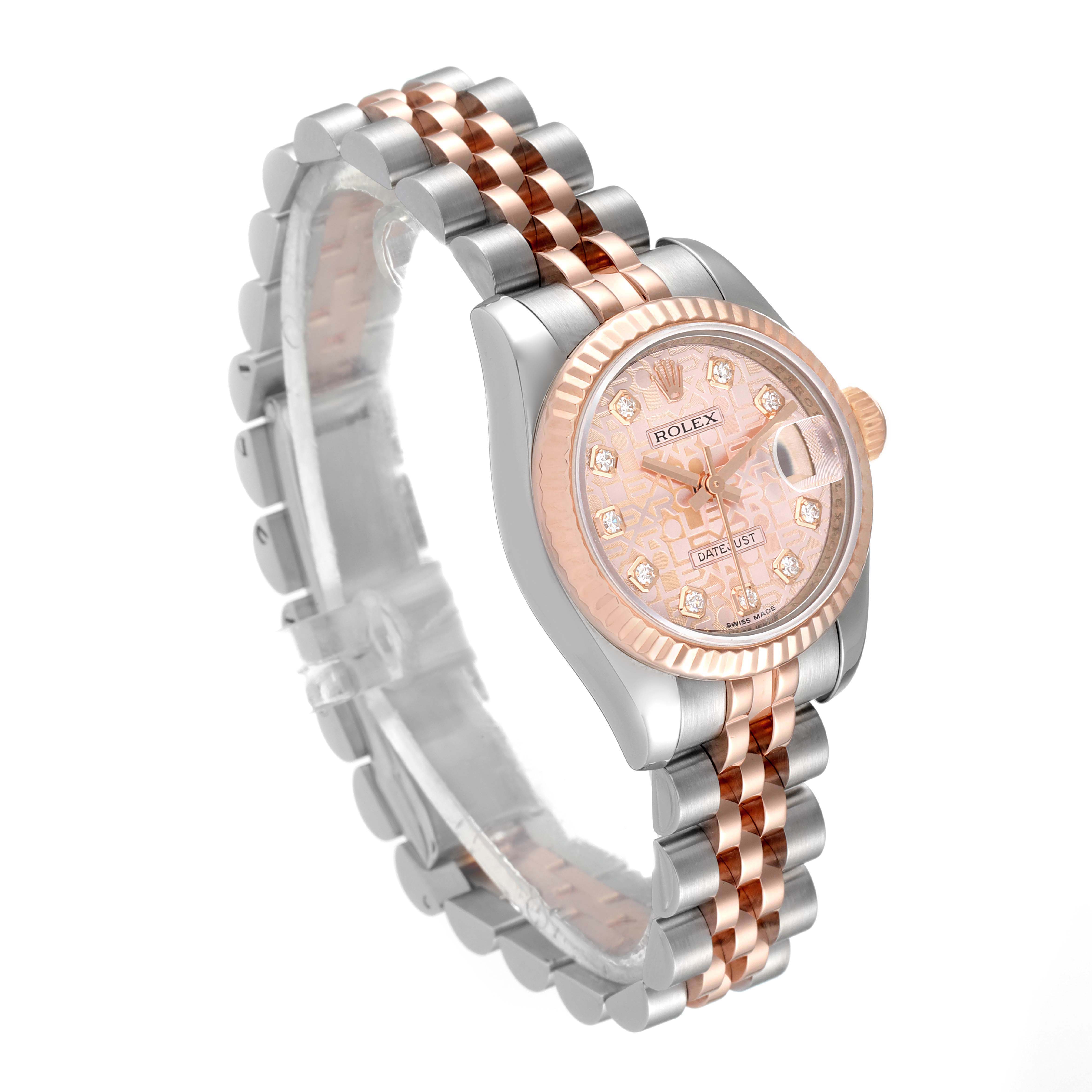 The image shows a Rolex Datejust 179171 Women's Steel and Gold (two tone) Pink Dial 179171 Women's Steel and Gold (two tone) Pink Dial watch at an angle highlighting its rose gold and silver bracelet, fluted bezel, and diamond-set dial.