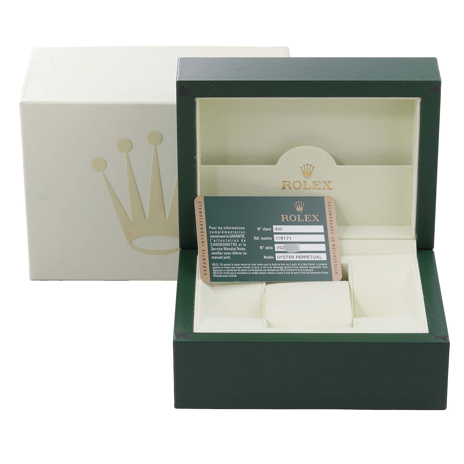 The image shows the Rolex Datejust 179171 Women's Steel and Gold (two tone) Pink Dial 179171 Women's Steel and Gold (two tone) Pink Dial watch box at an open angle, including the inner cushion and a warranty card.