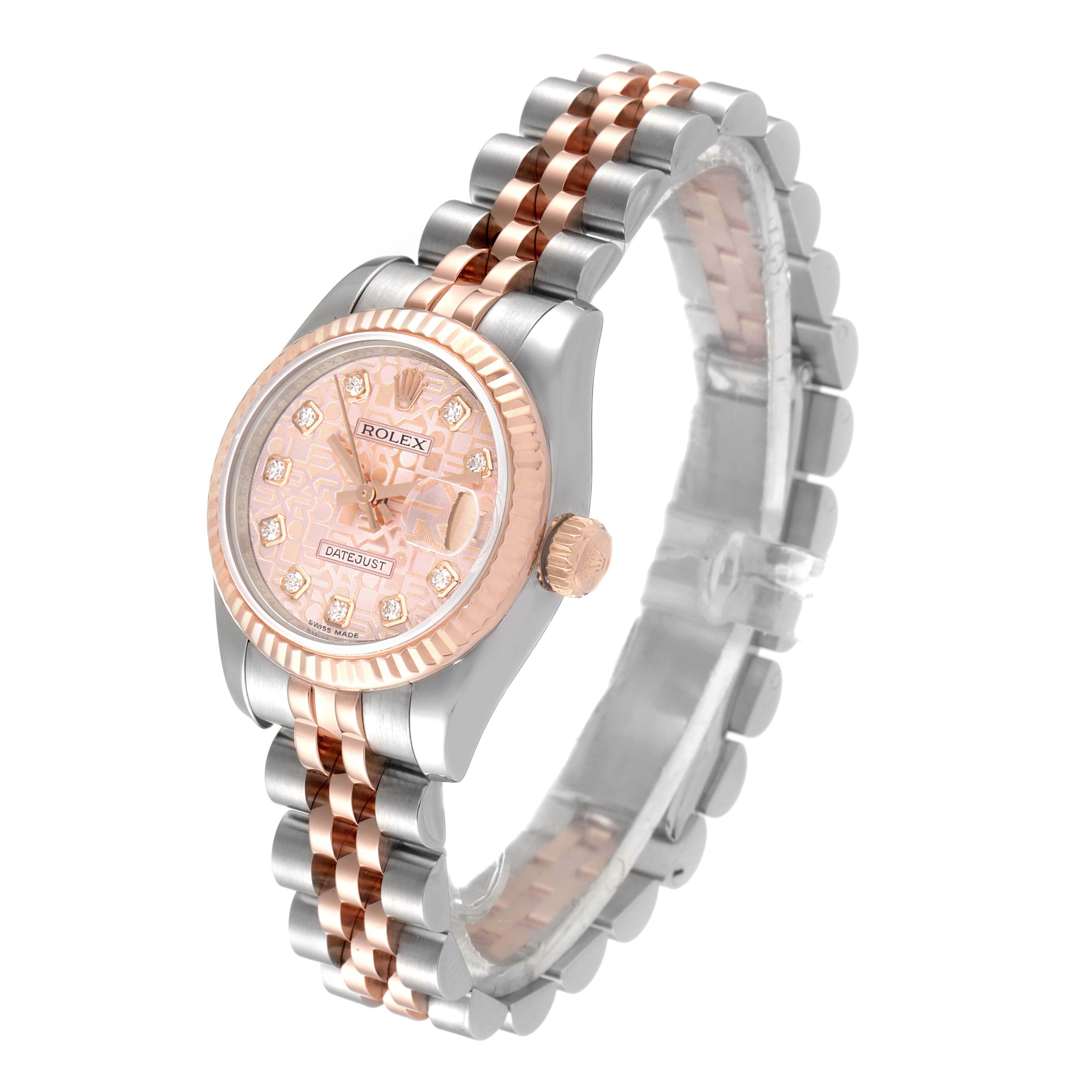 The image shows a Rolex Datejust 179171 Women's Steel and Gold (two tone) Pink Dial 179171 Women's Steel and Gold (two tone) Pink Dial model watch at a slight side angle, displaying the face, bezel, and bracelet.