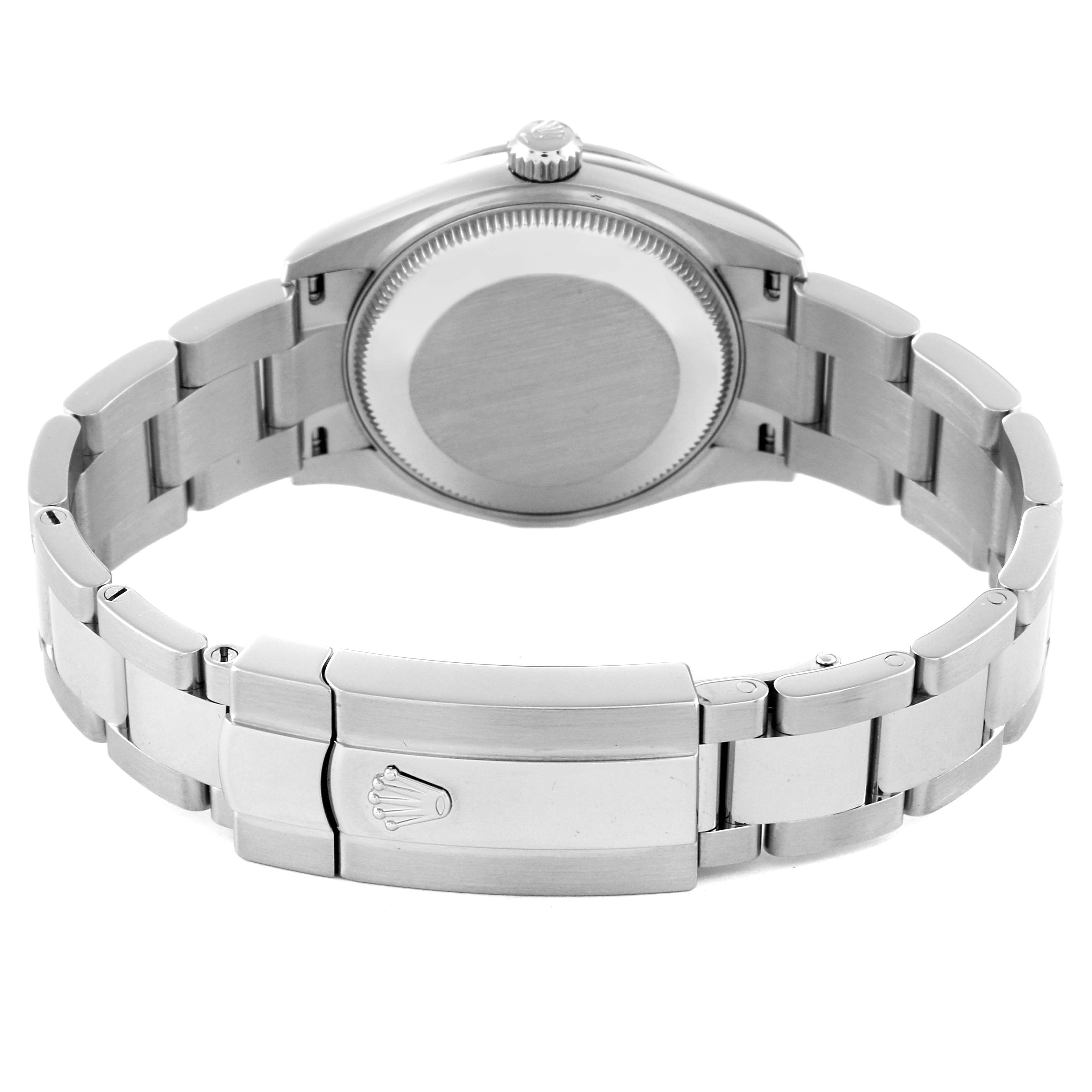 The image shows the backside and bracelet of a Rolex Mid-Size 278240 Women's Stainless Steel Grey Dial 278240 Women's Stainless Steel Grey Dial watch, highlighting the clasp with the Rolex logo.