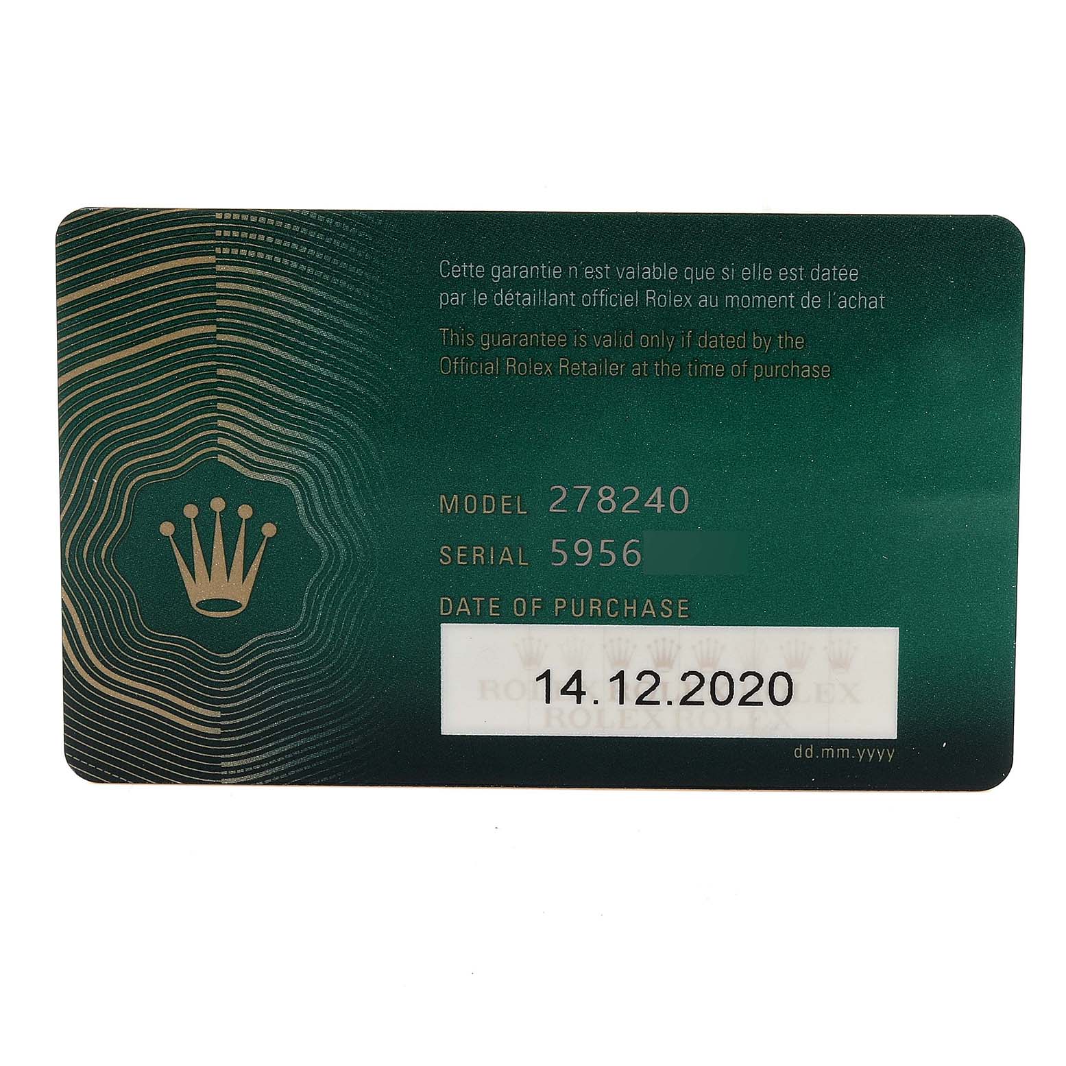 This image shows a Rolex warranty card for the Mid-Size model 278240, including the serial number and date of purchase.