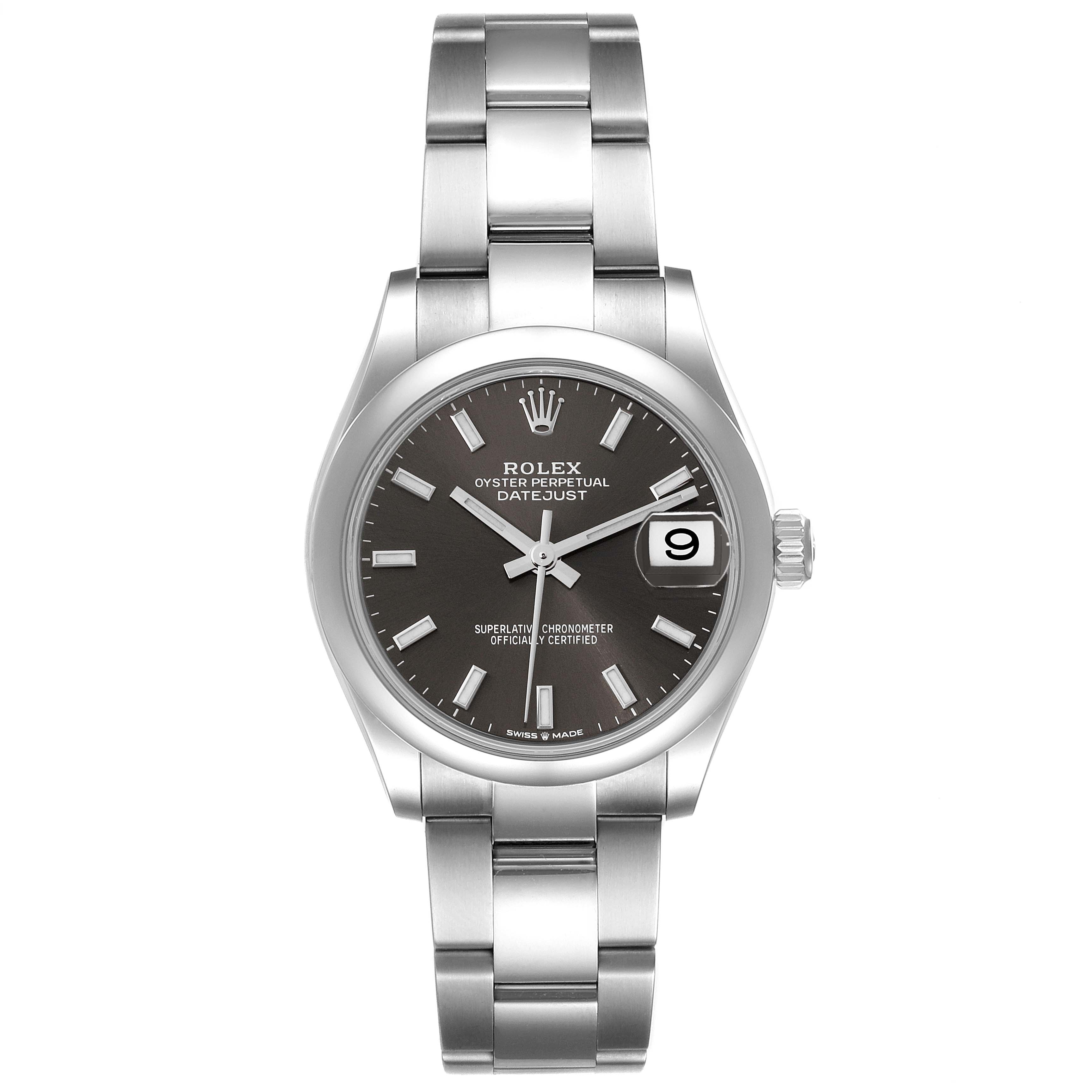 The image shows a frontal view of a Mid-Size Rolex Oyster Perpetual Datejust watch, highlighting its dial, bracelet, and date window.