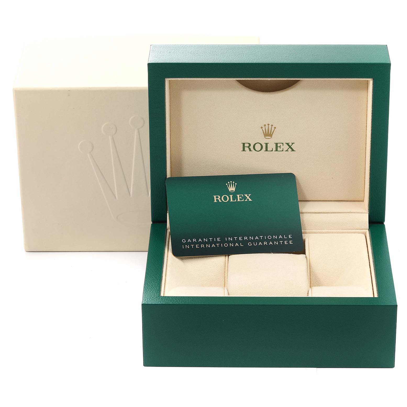 The image shows the box and international guarantee card for a Rolex Mid-Size 278240 Women's Stainless Steel Grey Dial 278240 Women's Stainless Steel Grey Dial model watch, with no watch visible.