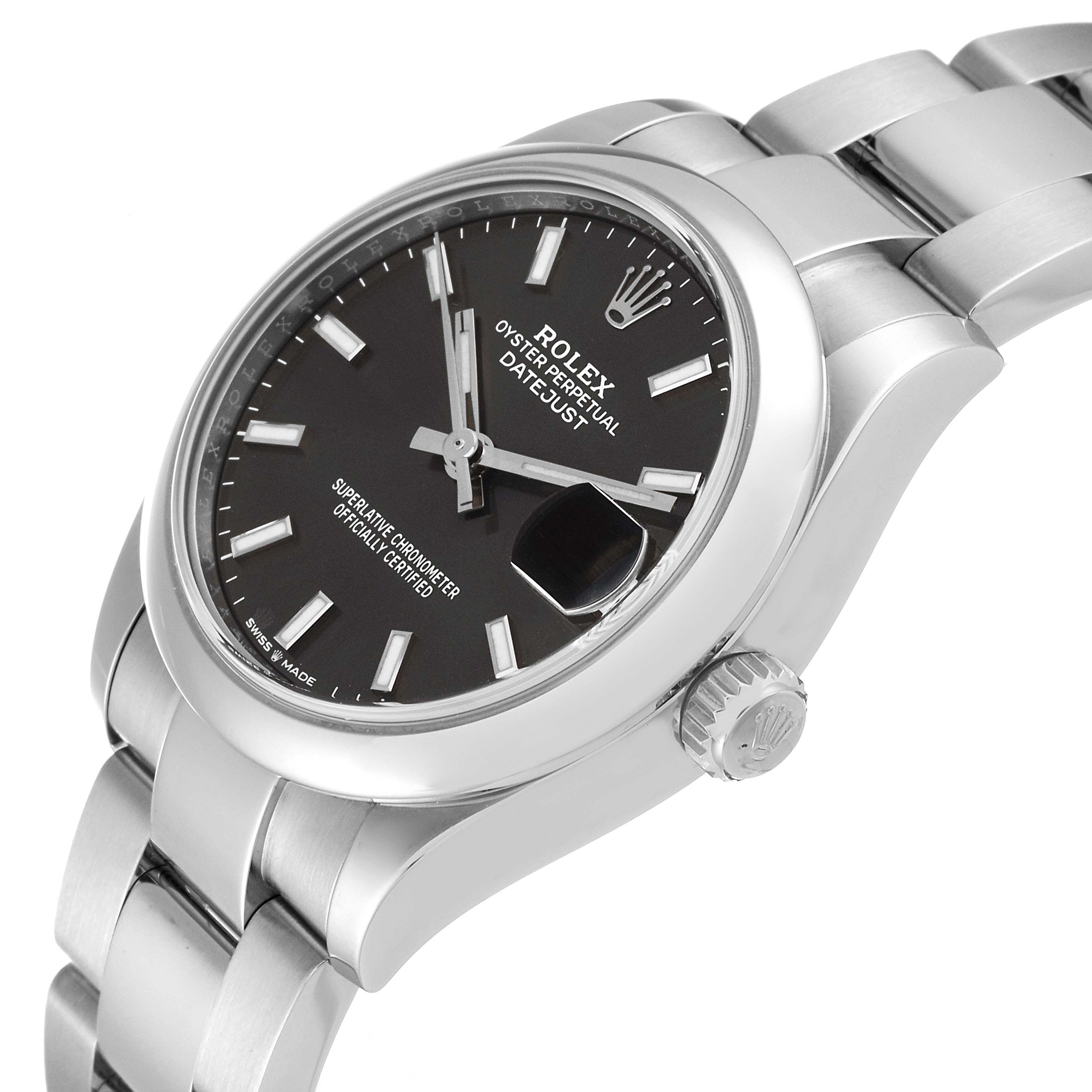 This image shows a side angle of the Rolex Mid-Size 278240 Women's Stainless Steel Grey Dial 278240 Women's Stainless Steel Grey Dial Datejust watch, highlighting the dial, crown, and bracelet.