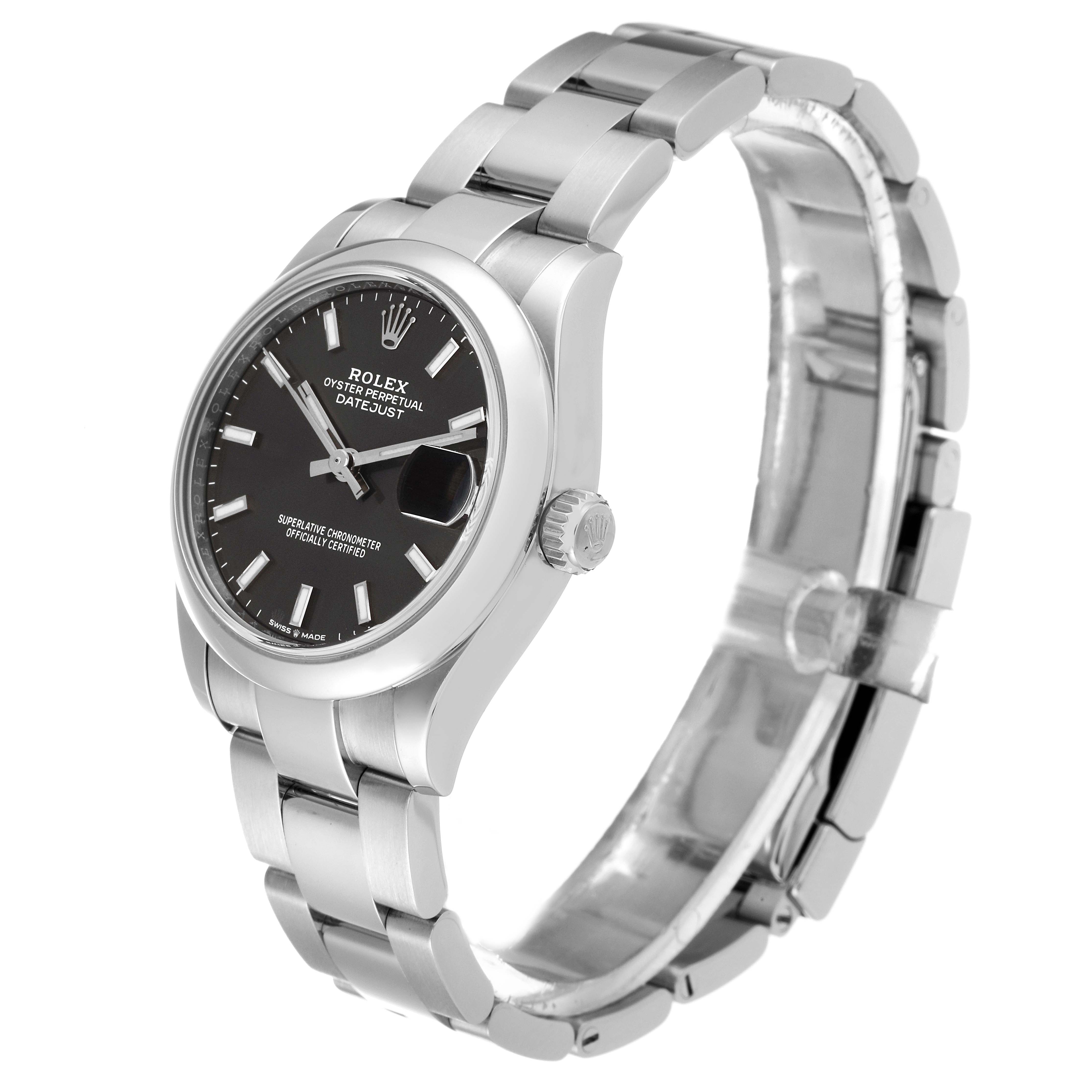 The Rolex Mid-Size 278240 Women's Stainless Steel Grey Dial 278240 Women's Stainless Steel Grey Dial Datejust watch is shown from a three-quarter angle displaying the dial, bracelet, and crown.