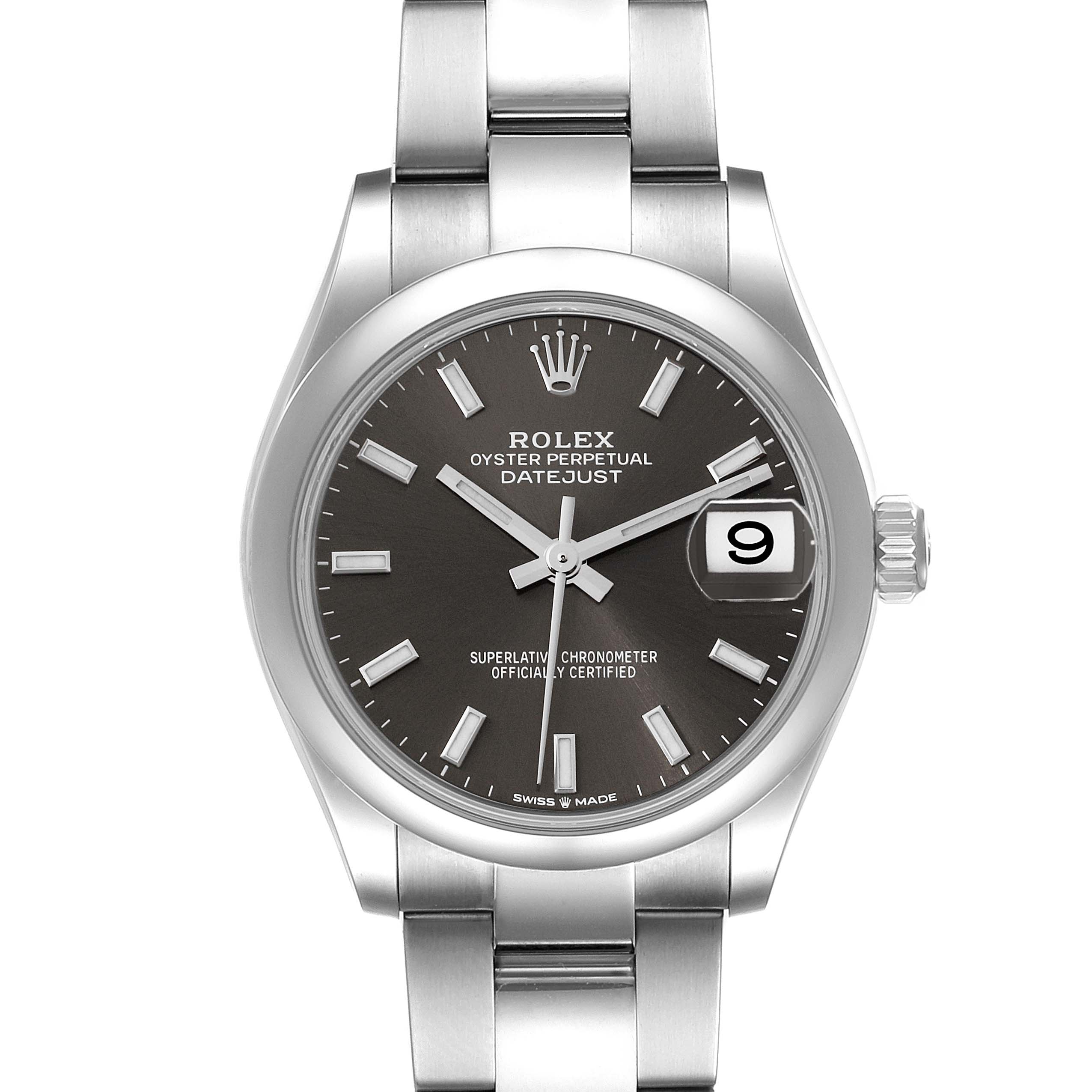 The image shows a front view of a Rolex Mid-Size 278240 Women's Stainless Steel Grey Dial 278240 Women's Stainless Steel Grey Dial Datejust watch, featuring its dial, hands, crown, and bracelet.
