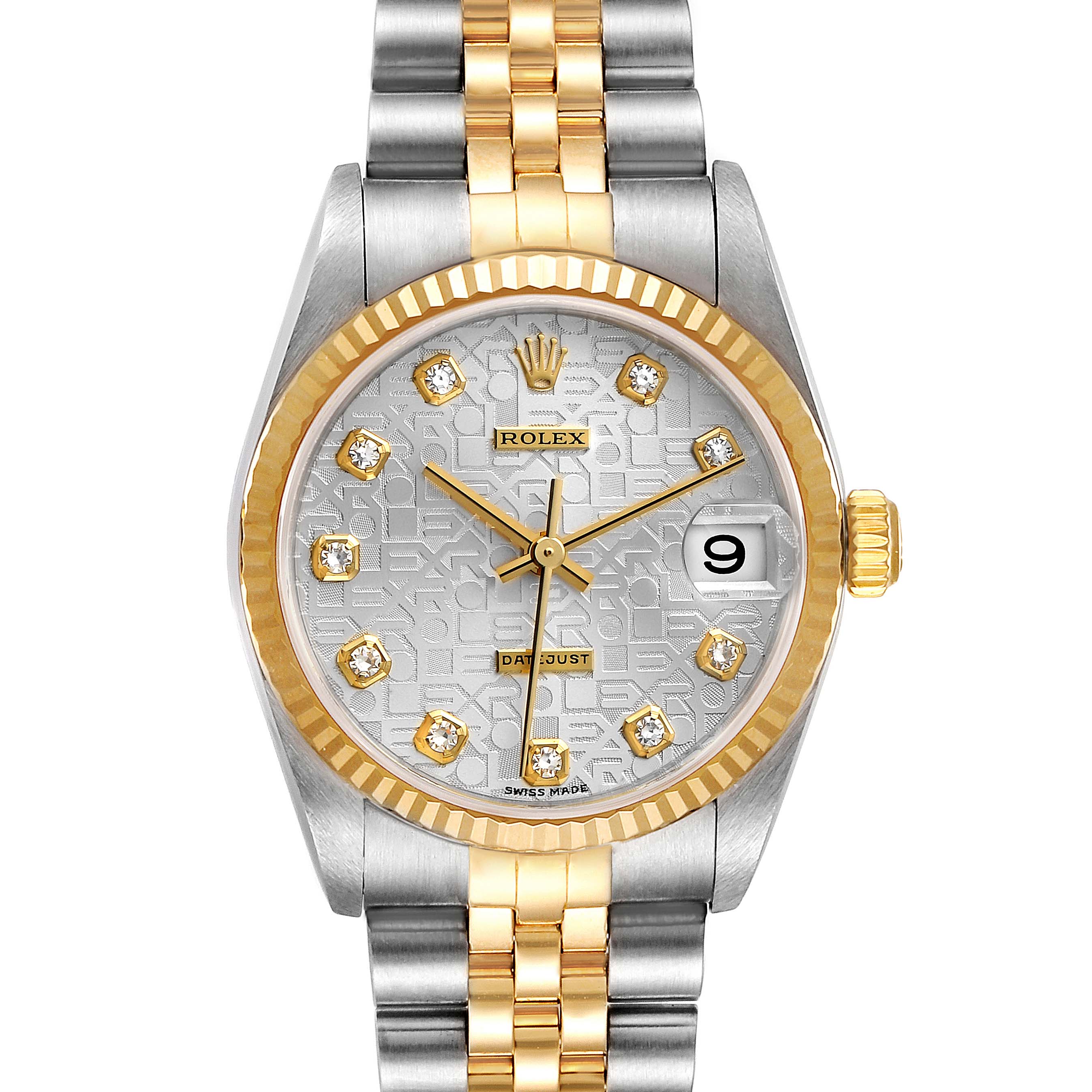 This image shows a frontal view of the Rolex Mid-Size 78273 Women
s Steel and Gold (two tone) Silver Dial 78273 Women
s Steel and Gold (two tone) Silver Dial Datejust watch, highlighting the dial, bezel, and bracelet.