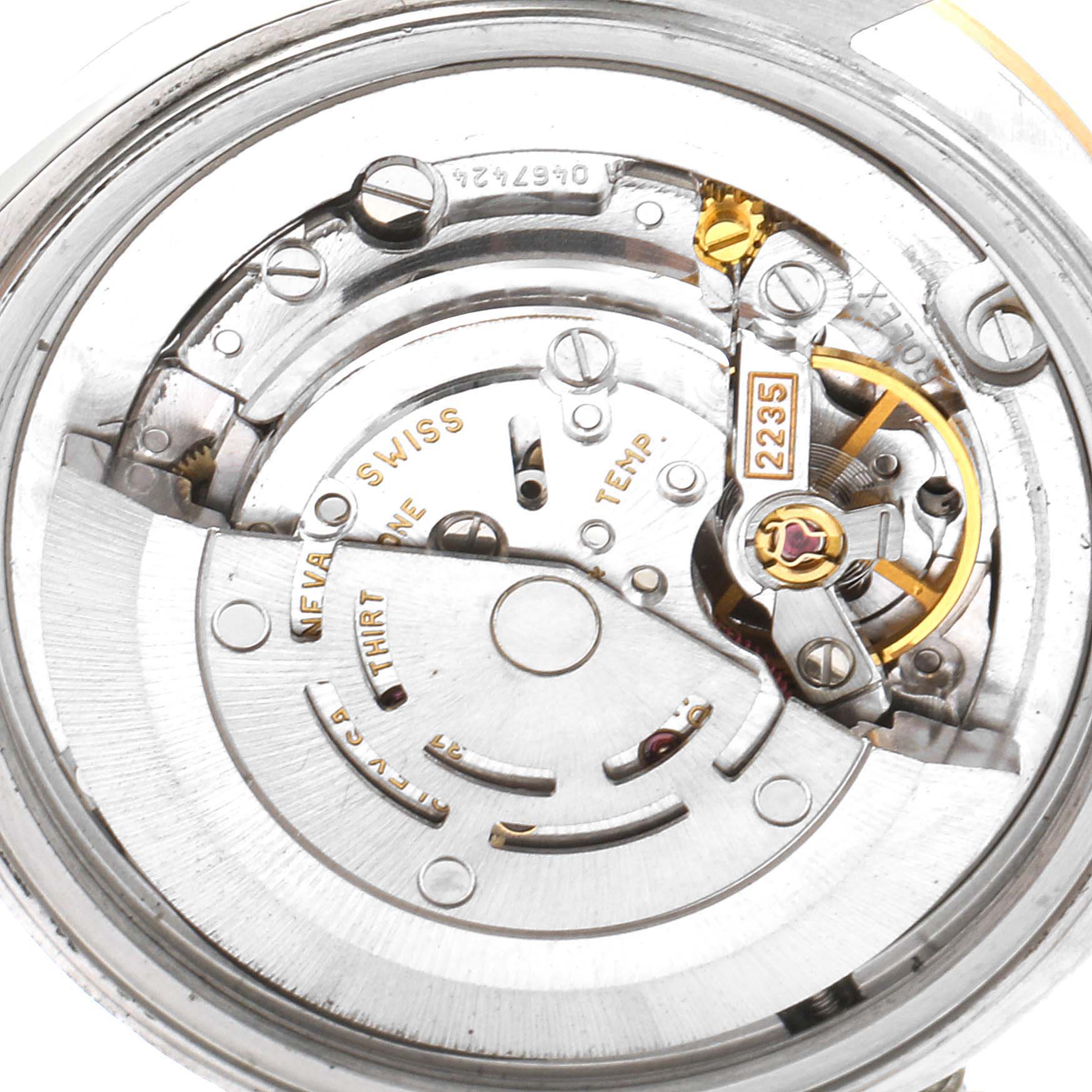 The image shows the inner mechanical movement of a Rolex Mid-Size 78273 Women
s Steel and Gold (two tone) Silver Dial 78273 Women
s Steel and Gold (two tone) Silver Dial watch model, viewed from the back.