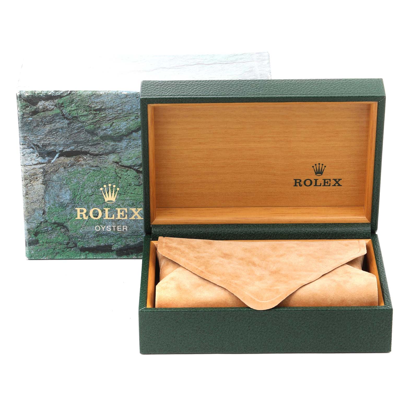 The image shows a Rolex Mid-Size 78273 Women
s Steel and Gold (two tone) Silver Dial 78273 Women
s Steel and Gold (two tone) Silver Dial watch box and outer box from a front angle, including a protective pouch inside the open box.