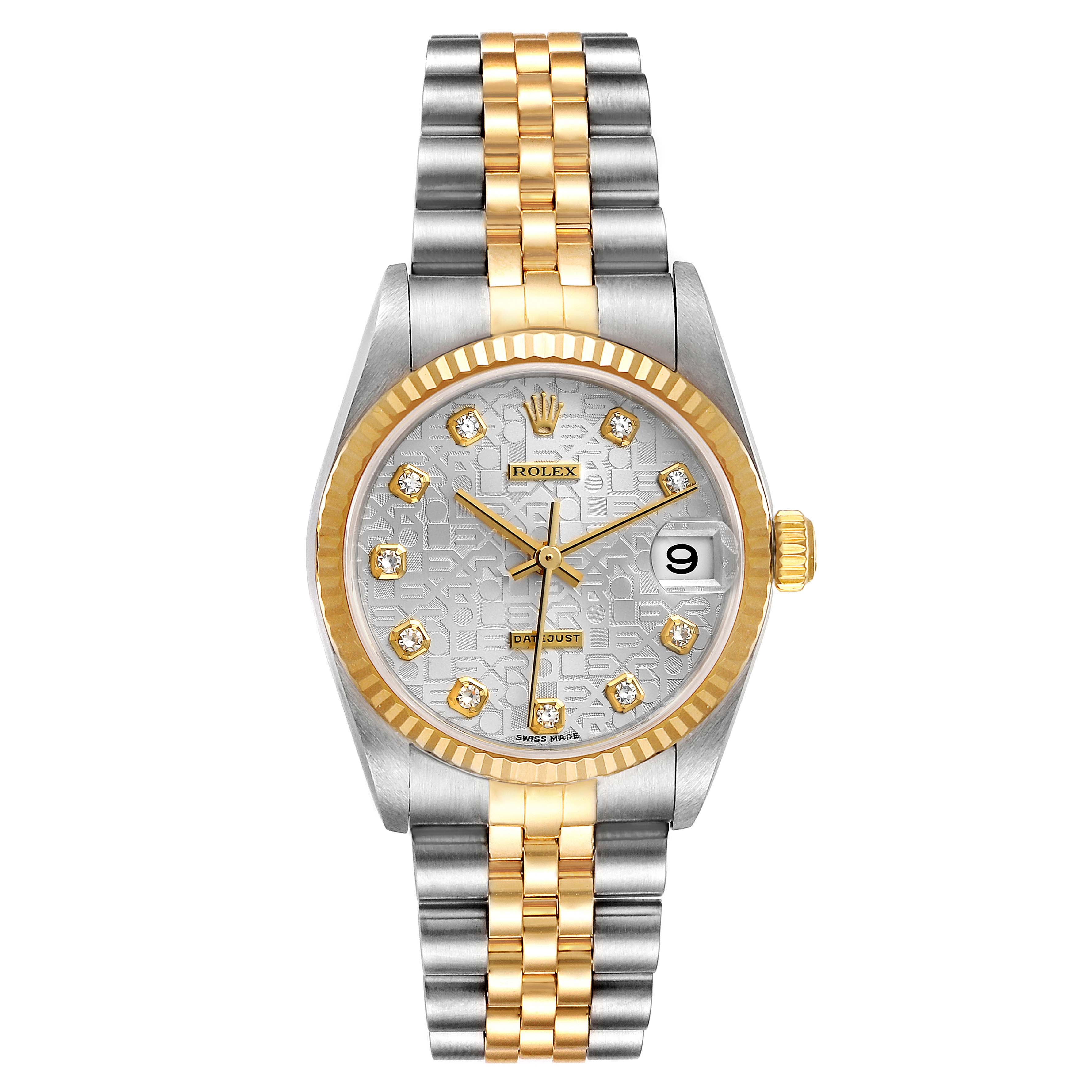 The image shows a front view of a Rolex Mid-Size 78273 Women
s Steel and Gold (two tone) Silver Dial 78273 Women
s Steel and Gold (two tone) Silver Dial watch featuring a two-tone bracelet and a detailed dial with a date display.