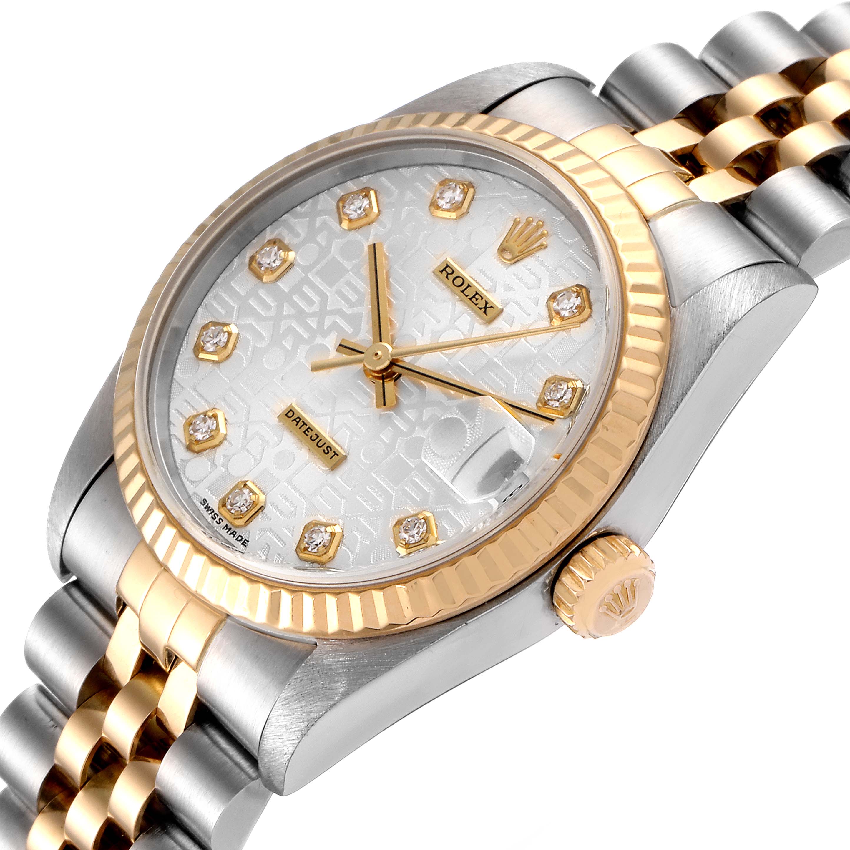 The image shows a close-up angled view of the face, bezel, crown, and bracelet of a Mid-Size Rolex Datejust watch.