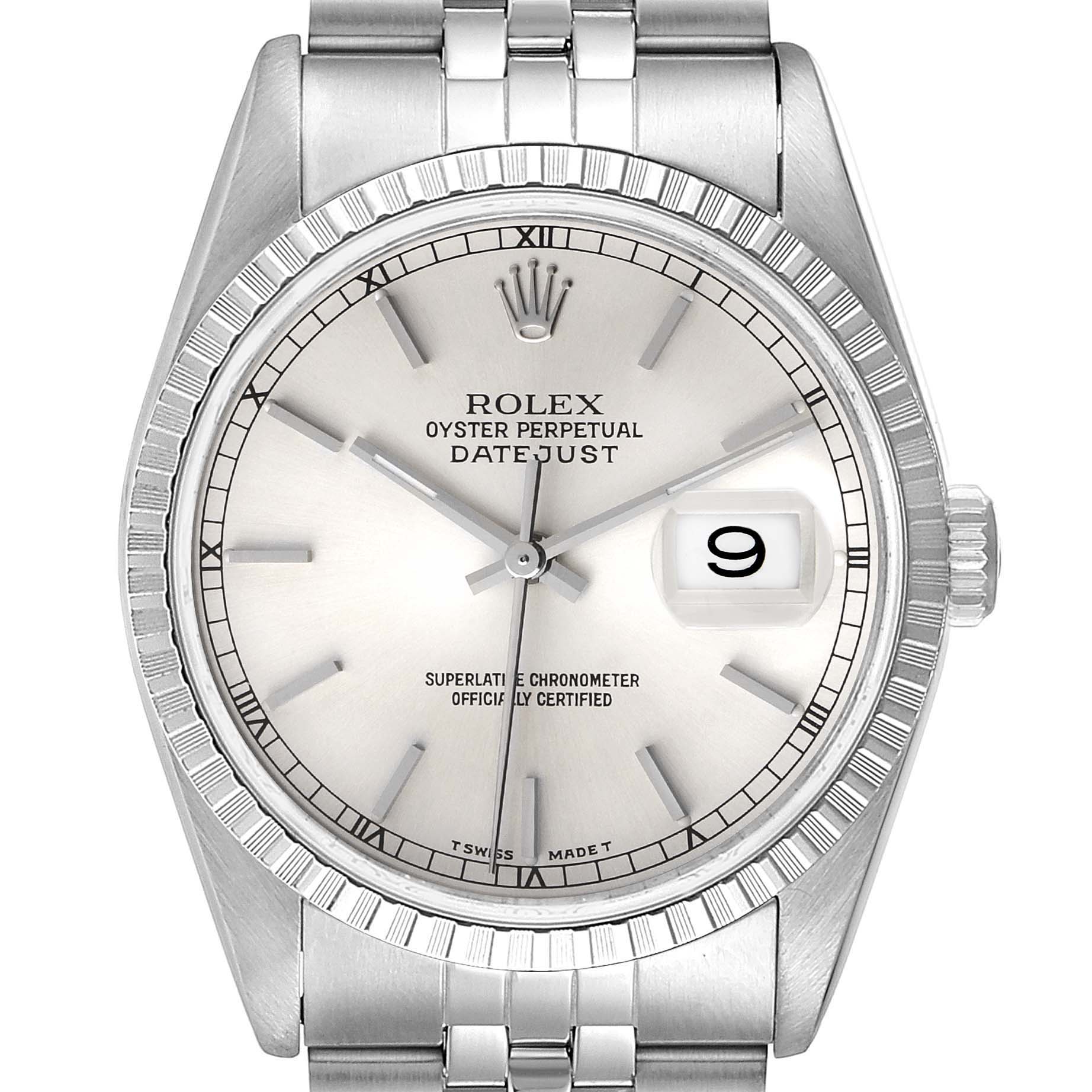 The image shows a front view of the Rolex Datejust 16220 Men's Stainless Steel Silver Dial 16220 Men's Stainless Steel Silver Dial watch, highlighting its dial, bezel, and bracelet.