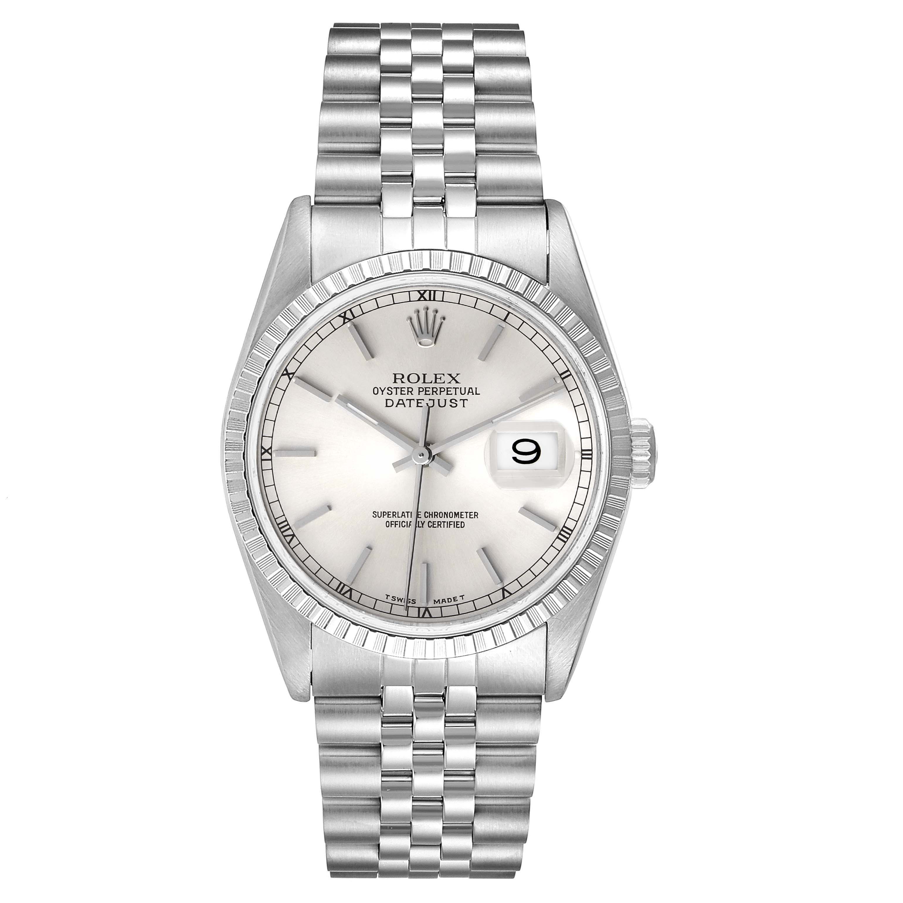 The image shows a front angle of a Rolex Datejust 16220 Men's Stainless Steel Silver Dial 16220 Men's Stainless Steel Silver Dial watch featuring its face, bezel, crown, and bracelet.
