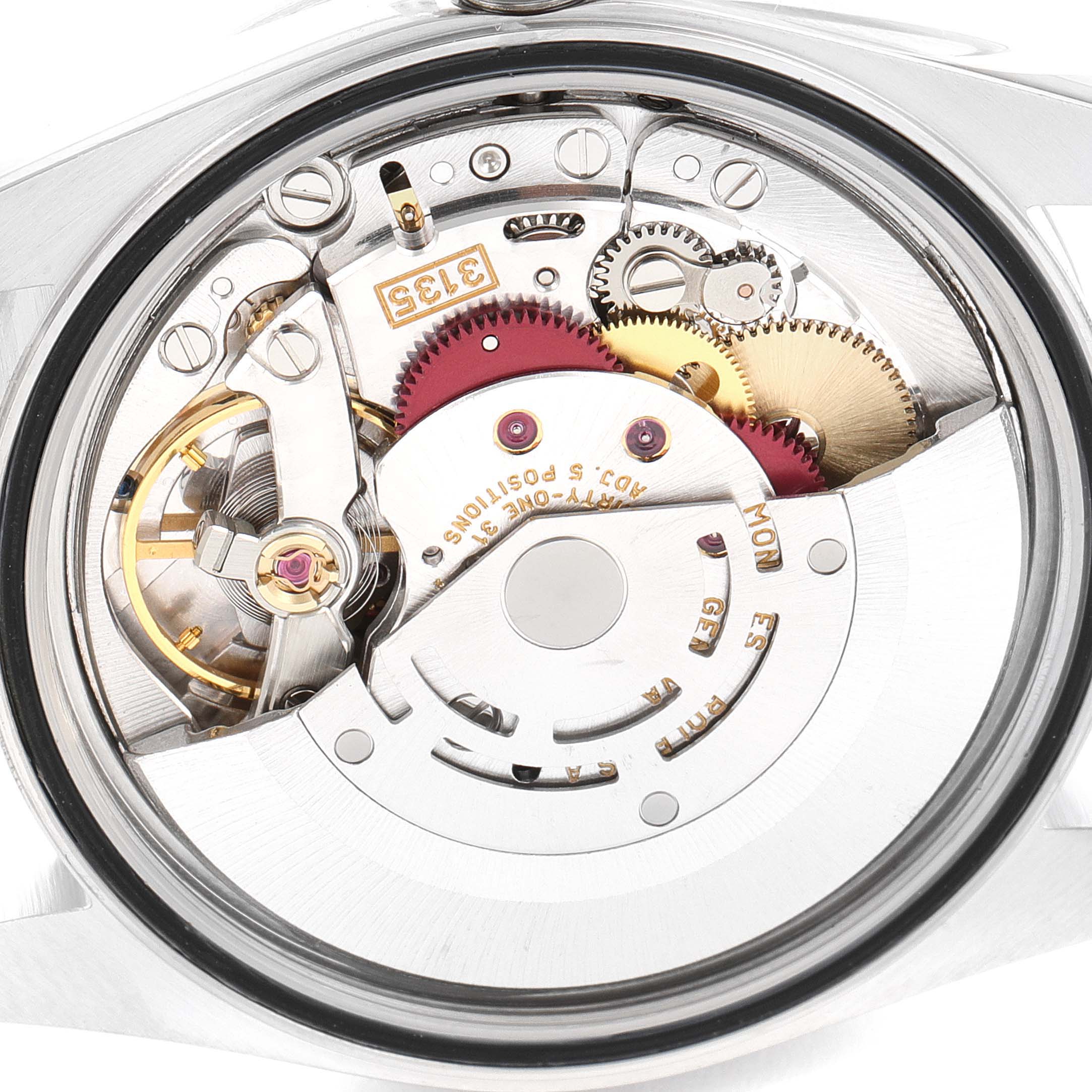 The image shows the inner mechanical movement of the Rolex Datejust 16220 Men's Stainless Steel Silver Dial 16220 Men's Stainless Steel Silver Dial watch from the back angle.