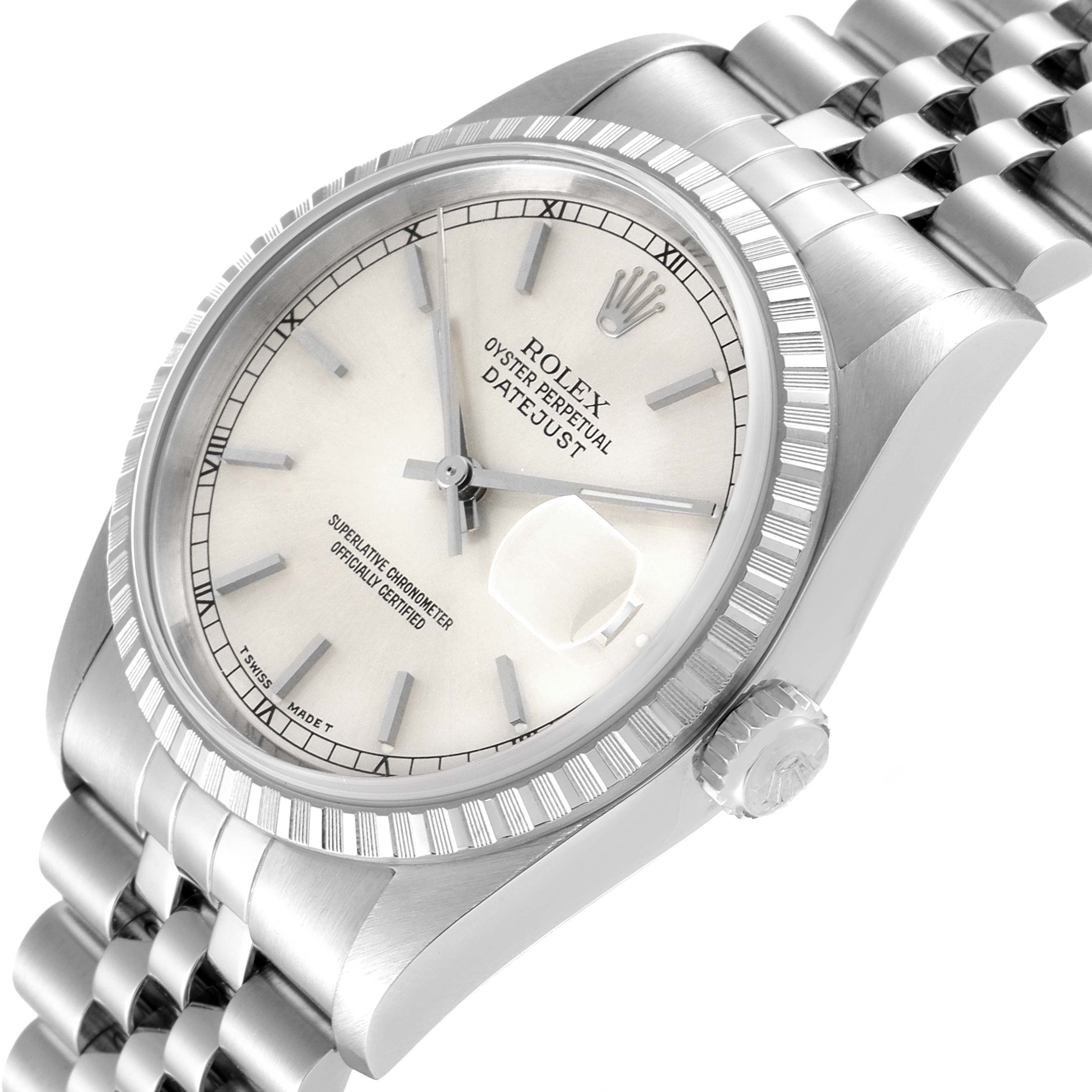 This image shows a side angle of the Rolex Datejust 16220 Men's Stainless Steel Silver Dial 16220 Men's Stainless Steel Silver Dial watch, highlighting the dial, bezel, crown, and part of the bracelet.
