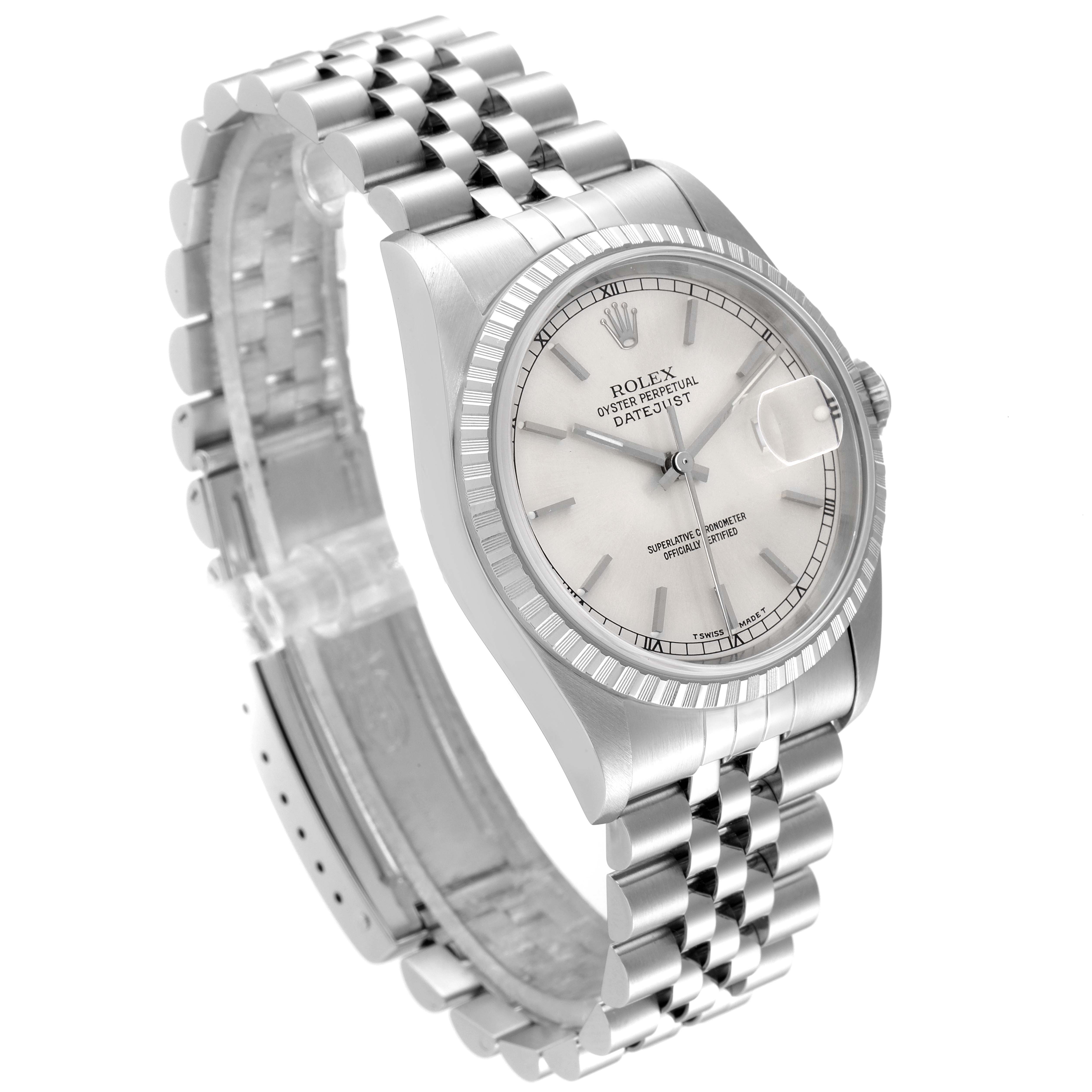 The image shows a Rolex Datejust 16220 Men's Stainless Steel Silver Dial 16220 Men's Stainless Steel Silver Dial watch at a slight angle, highlighting its dial, bezel, and Jubilee bracelet.