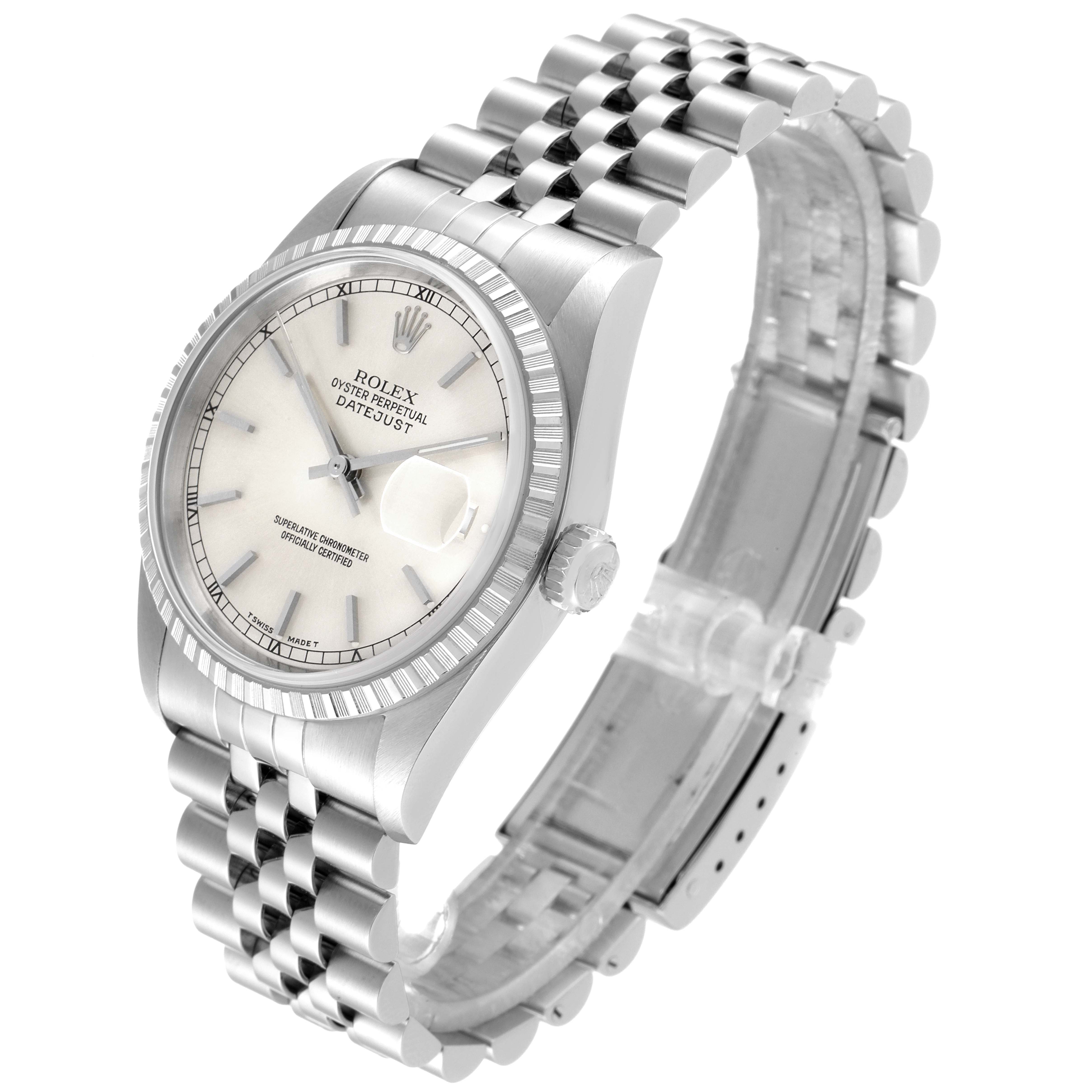 The image shows a Rolex Datejust 16220 Men's Stainless Steel Silver Dial 16220 Men's Stainless Steel Silver Dial watch angled from the top-left, displaying its dial, bezel, crown, and bracelet.