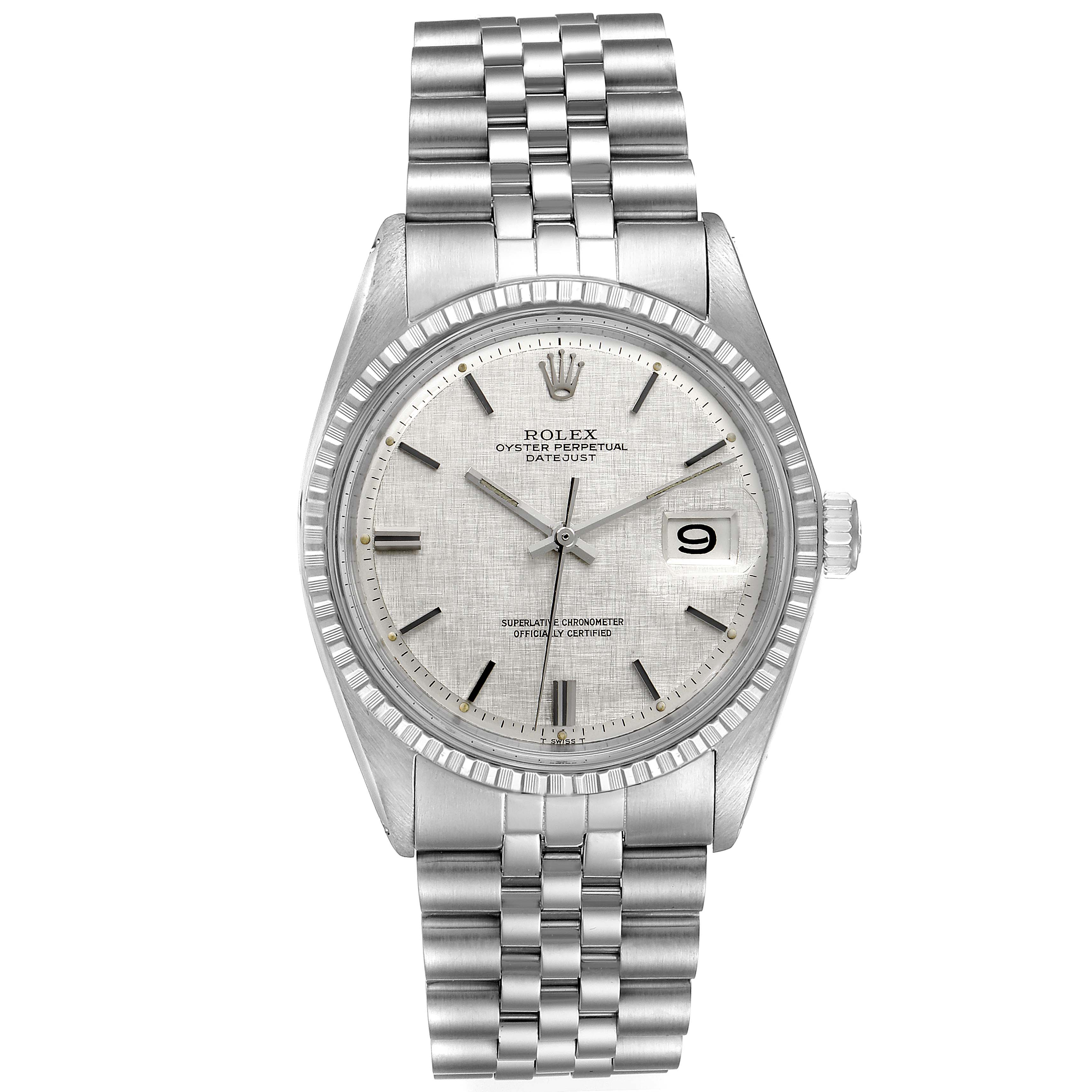 The image shows a front view of the Rolex Vintage Collection 1603 Men's Stainless Steel Silver Dial 1603 Men's Stainless Steel Silver Dial model, highlighting the watch face, bracelet, and date window.