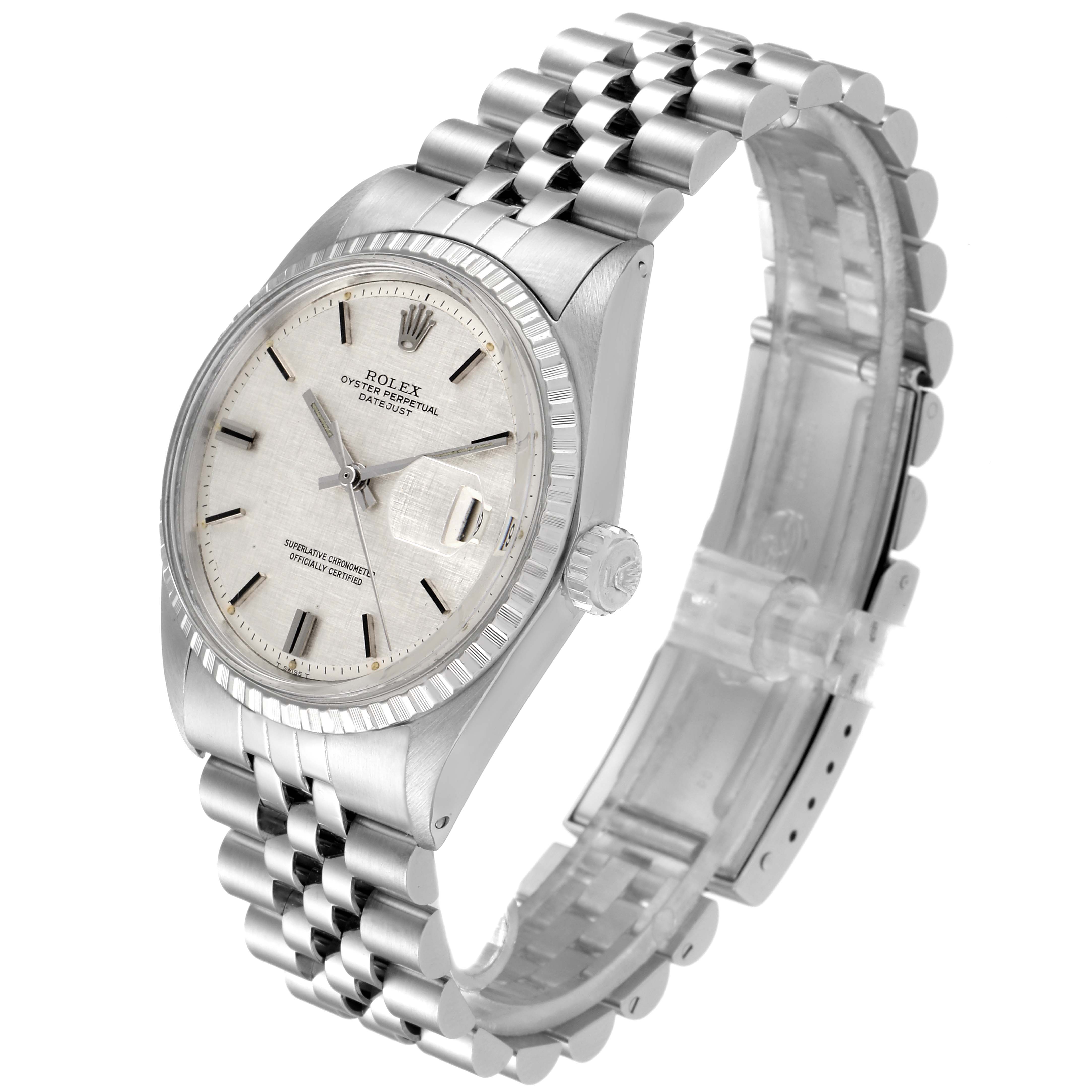 The image shows a Rolex Vintage Collection 1603 Men's Stainless Steel Silver Dial 1603 Men's Stainless Steel Silver Dial model at a side angle, displaying the dial, bezel, crown, and metal bracelet.