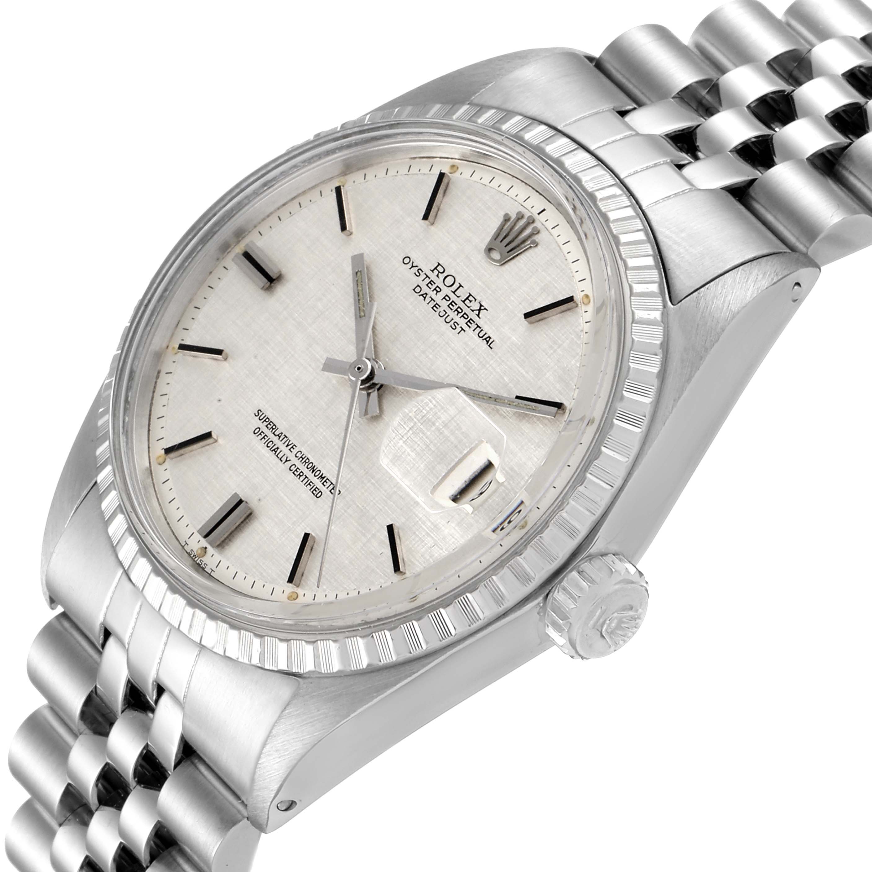 The image shows a close-up angled view of the Rolex Vintage Collection 1603 Men's Stainless Steel Silver Dial 1603 Men's Stainless Steel Silver Dial model watch, highlighting its dial, bezel, case, and bracelet.