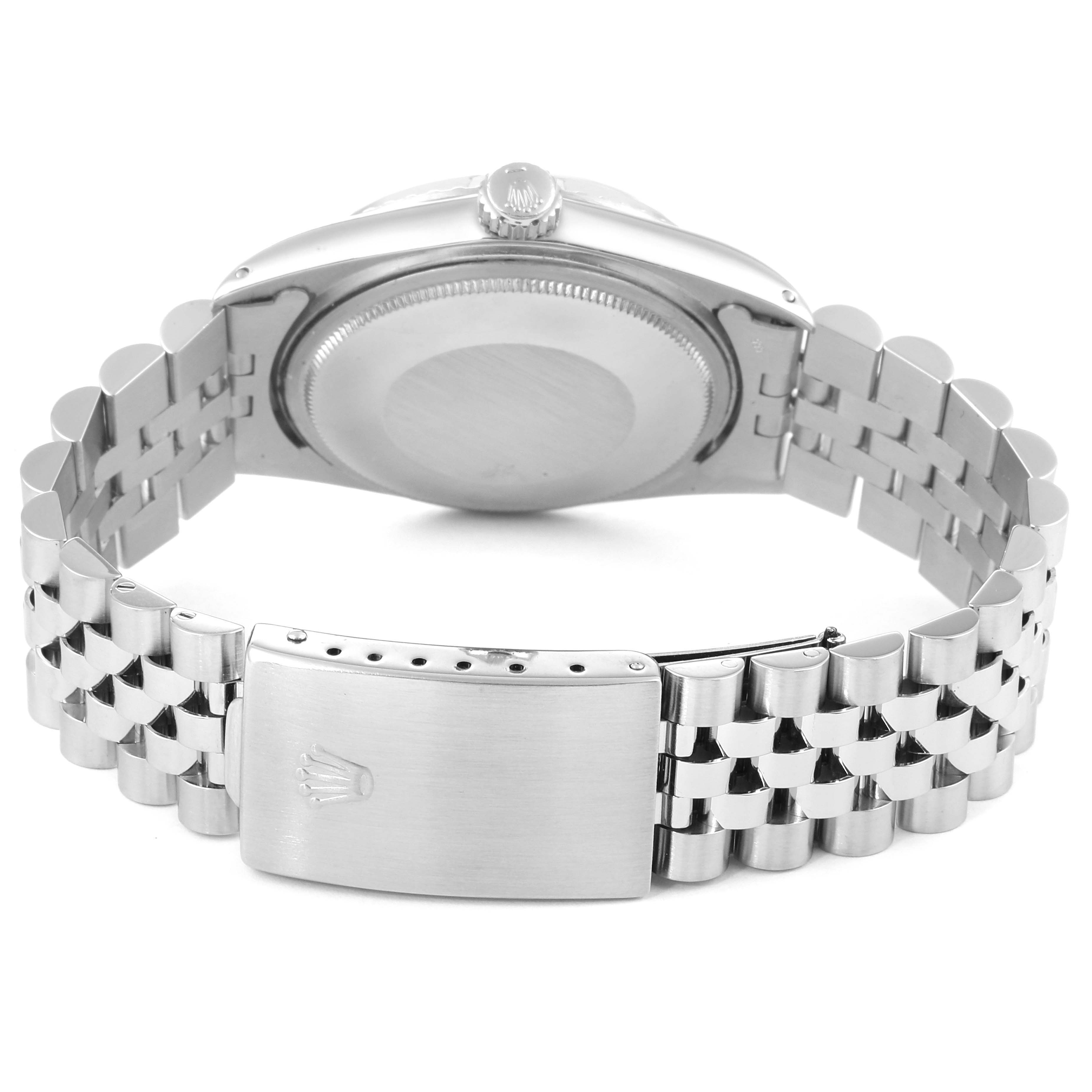 The image shows the back view of the Rolex Vintage Collection 1603 Men's Stainless Steel Silver Dial 1603 Men's Stainless Steel Silver Dial watch, highlighting its clasp and bracelet.