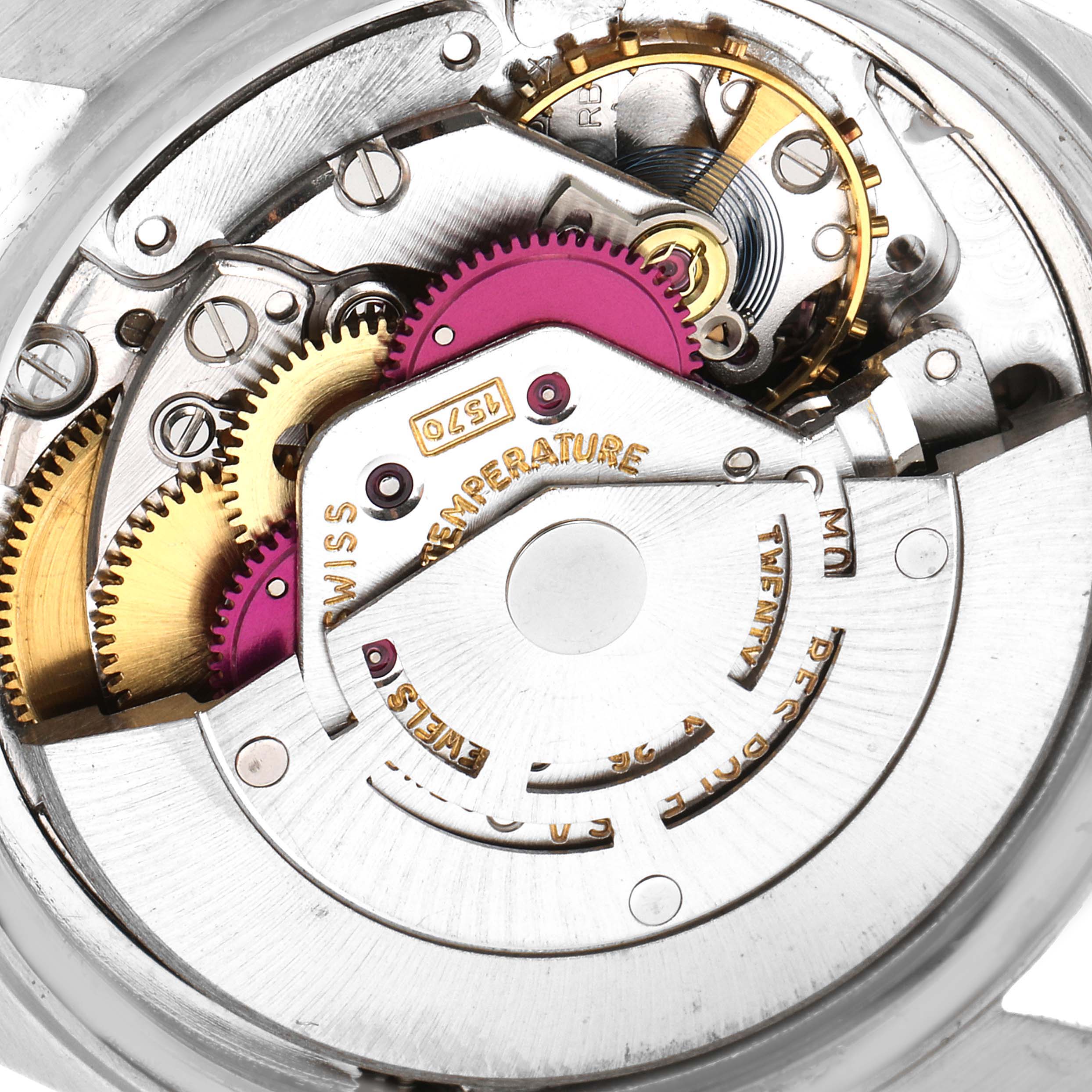 This image shows the intricate internal mechanism of the Rolex Vintage Collection 1603 Men's Stainless Steel Silver Dial 1603 Men's Stainless Steel Silver Dial model, focusing on the gears and movement components.