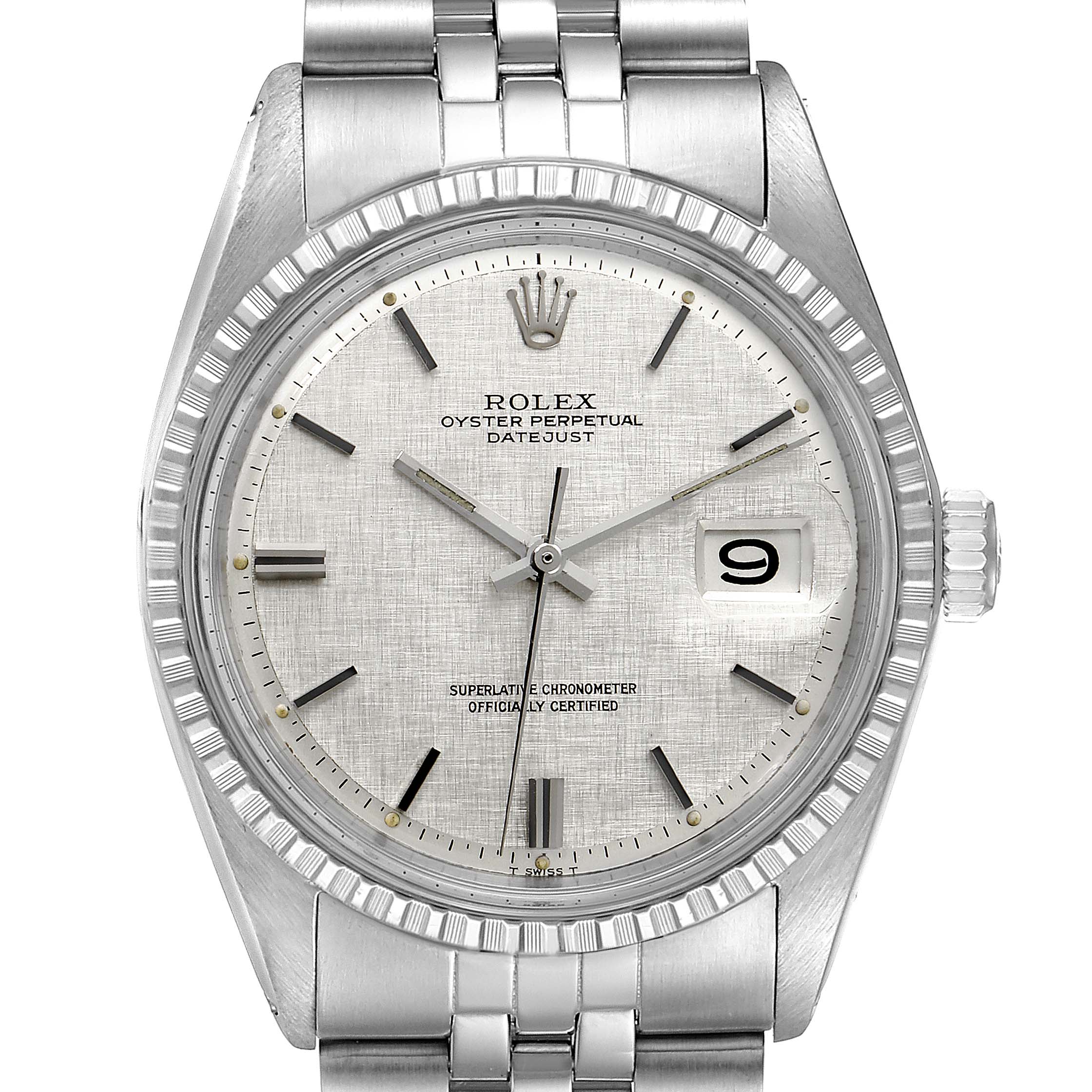 The image shows a front view of the Rolex Vintage Collection 1603 Men's Stainless Steel Silver Dial 1603 Men's Stainless Steel Silver Dial watch, highlighting the dial, bezel, bracelet, and date display.