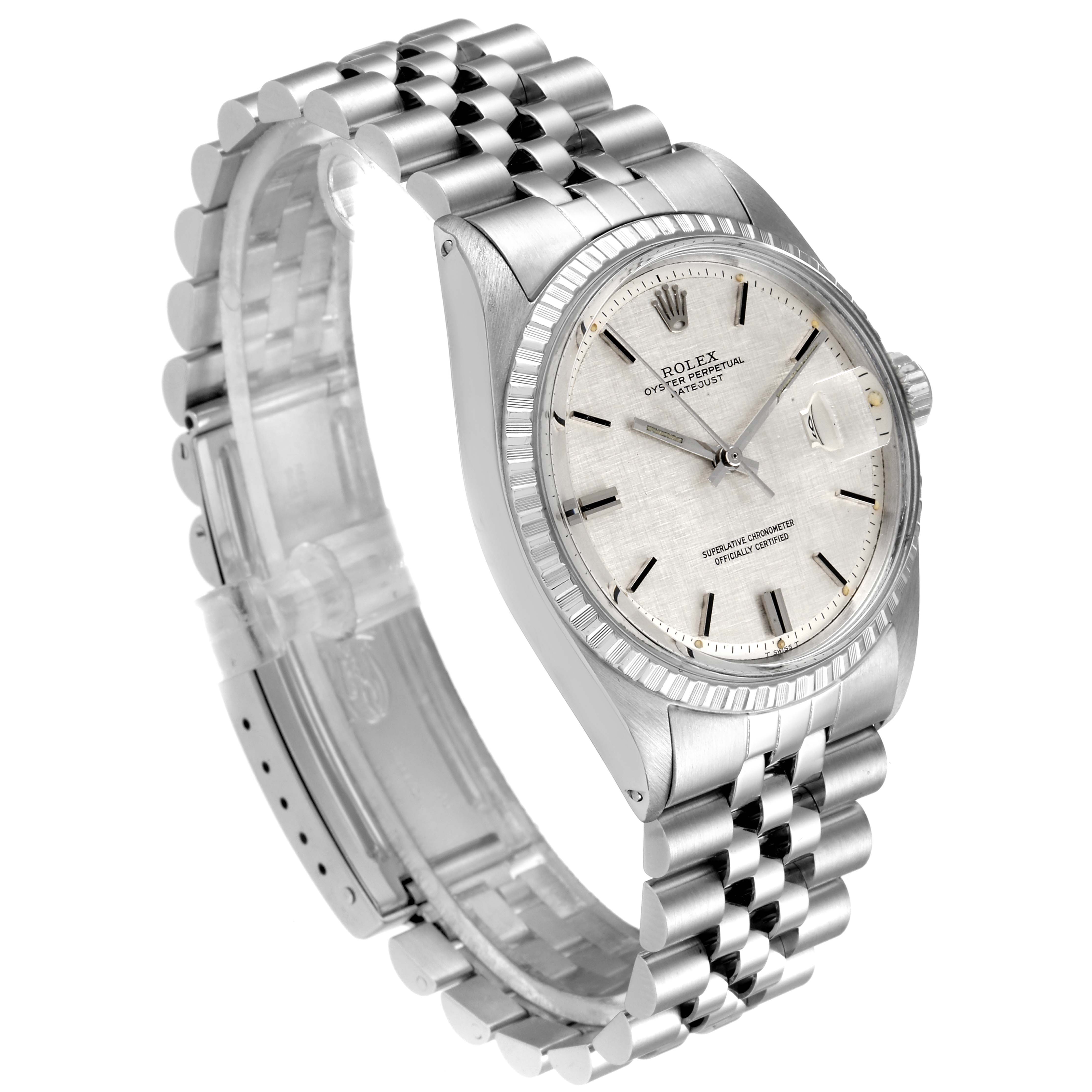 The photo shows a Rolex Vintage Collection 1603 Men's Stainless Steel Silver Dial 1603 Men's Stainless Steel Silver Dial watch from a three-quarter angle, revealing the face, bezel, crown, and bracelet.