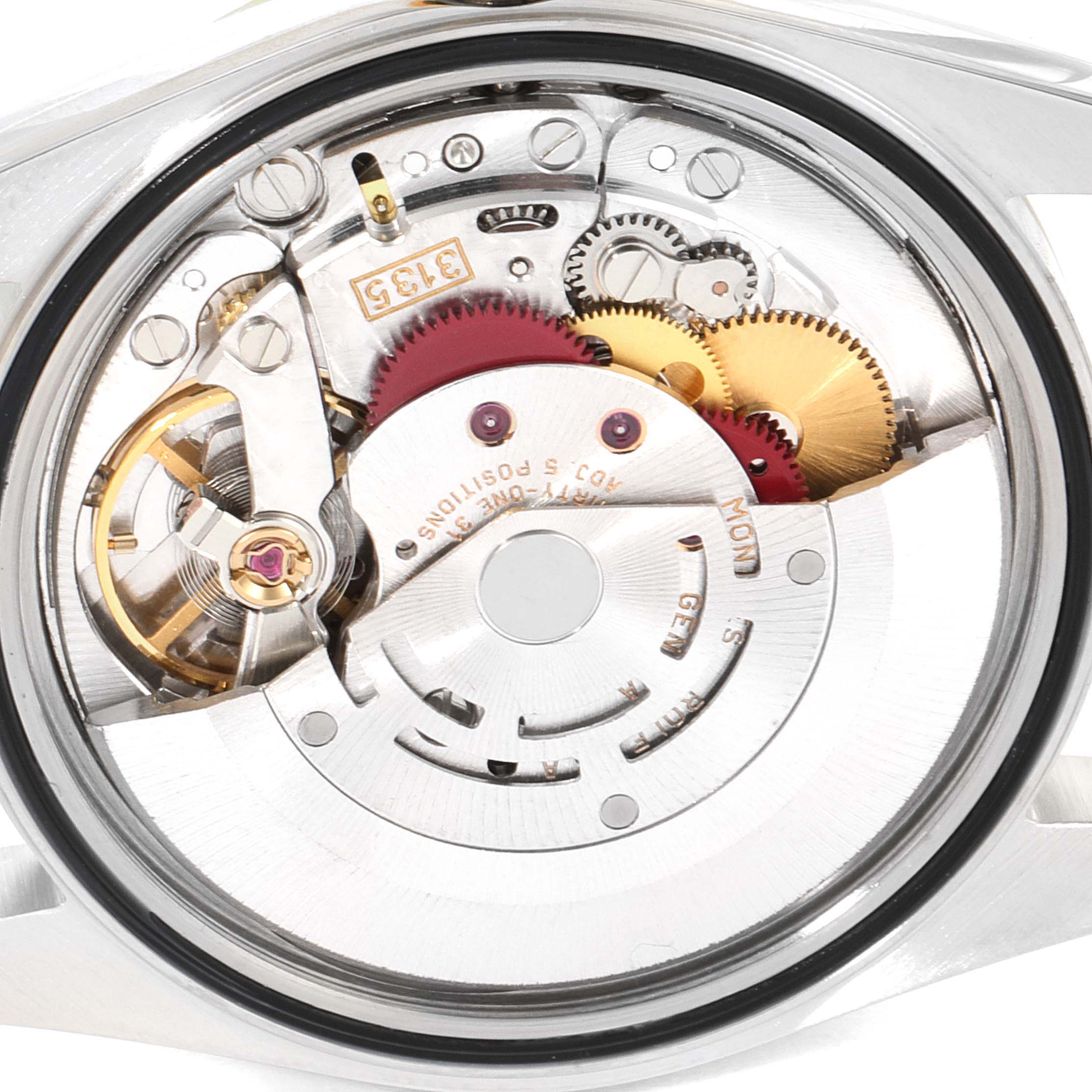 The image shows a close-up view of the movement and internal mechanisms of a Rolex Datejust 16233 Men's Steel and Gold (two tone) Champagne Dial 16233 Men's Steel and Gold (two tone) Champagne Dial model watch.