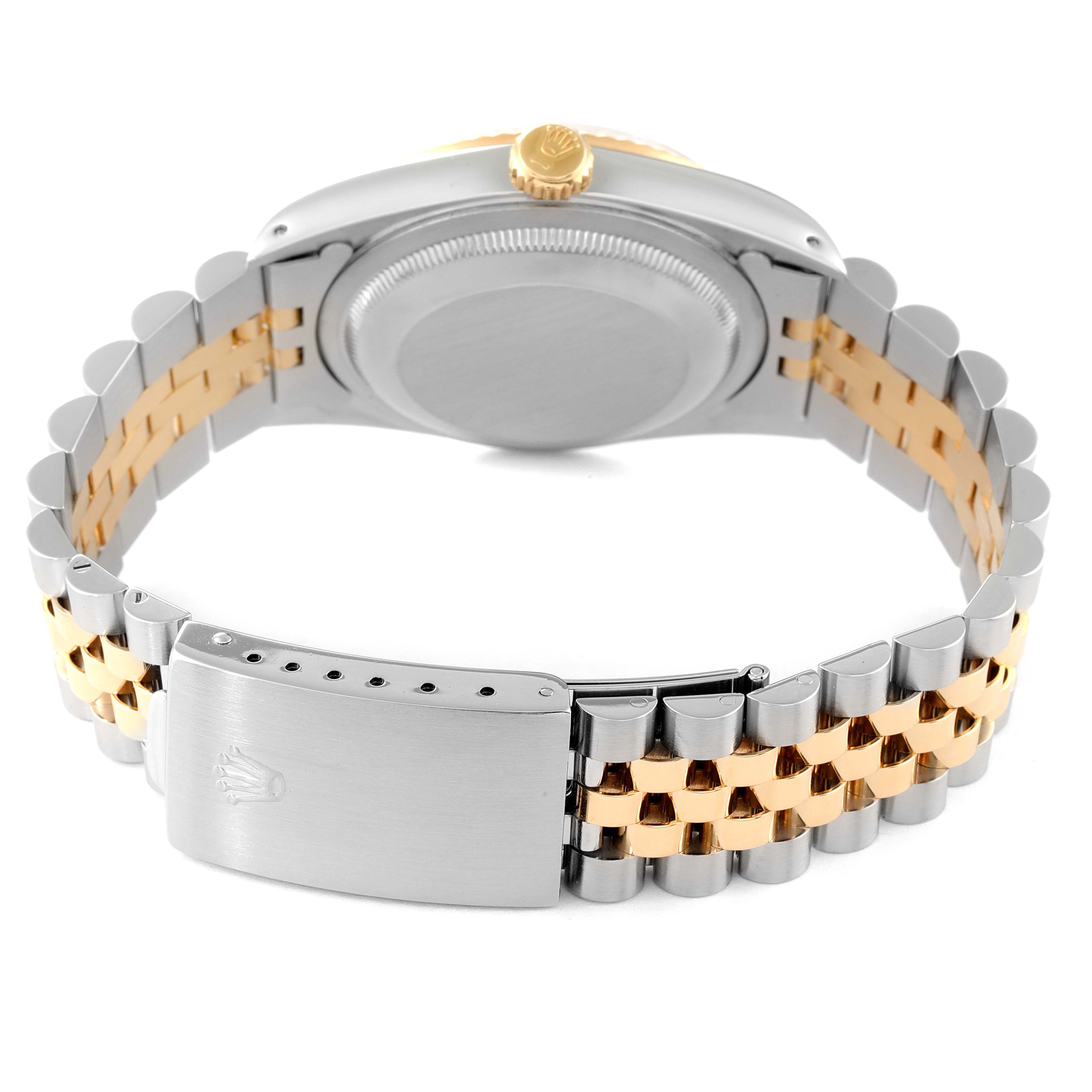 The image shows the back view of a Rolex Datejust 16233 Men's Steel and Gold (two tone) Champagne Dial 16233 Men's Steel and Gold (two tone) Champagne Dial watch, featuring the case back, crown, and two-tone bracelet clasp.