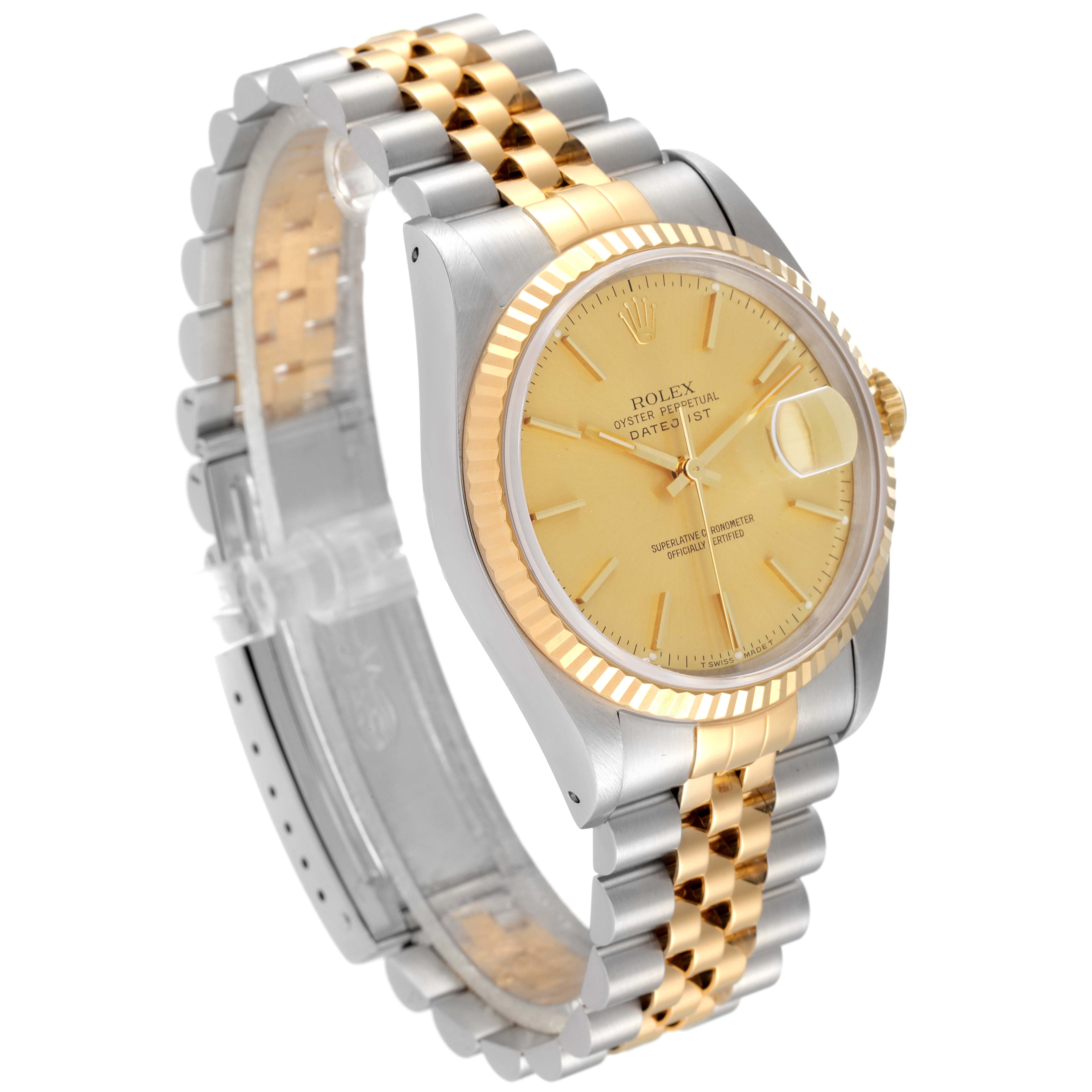 This is a front angled view of a Rolex Datejust 16233 Men's Steel and Gold (two tone) Champagne Dial 16233 Men's Steel and Gold (two tone) Champagne Dial watch, showcasing its gold and silver Jubilee bracelet and fluted bezel.