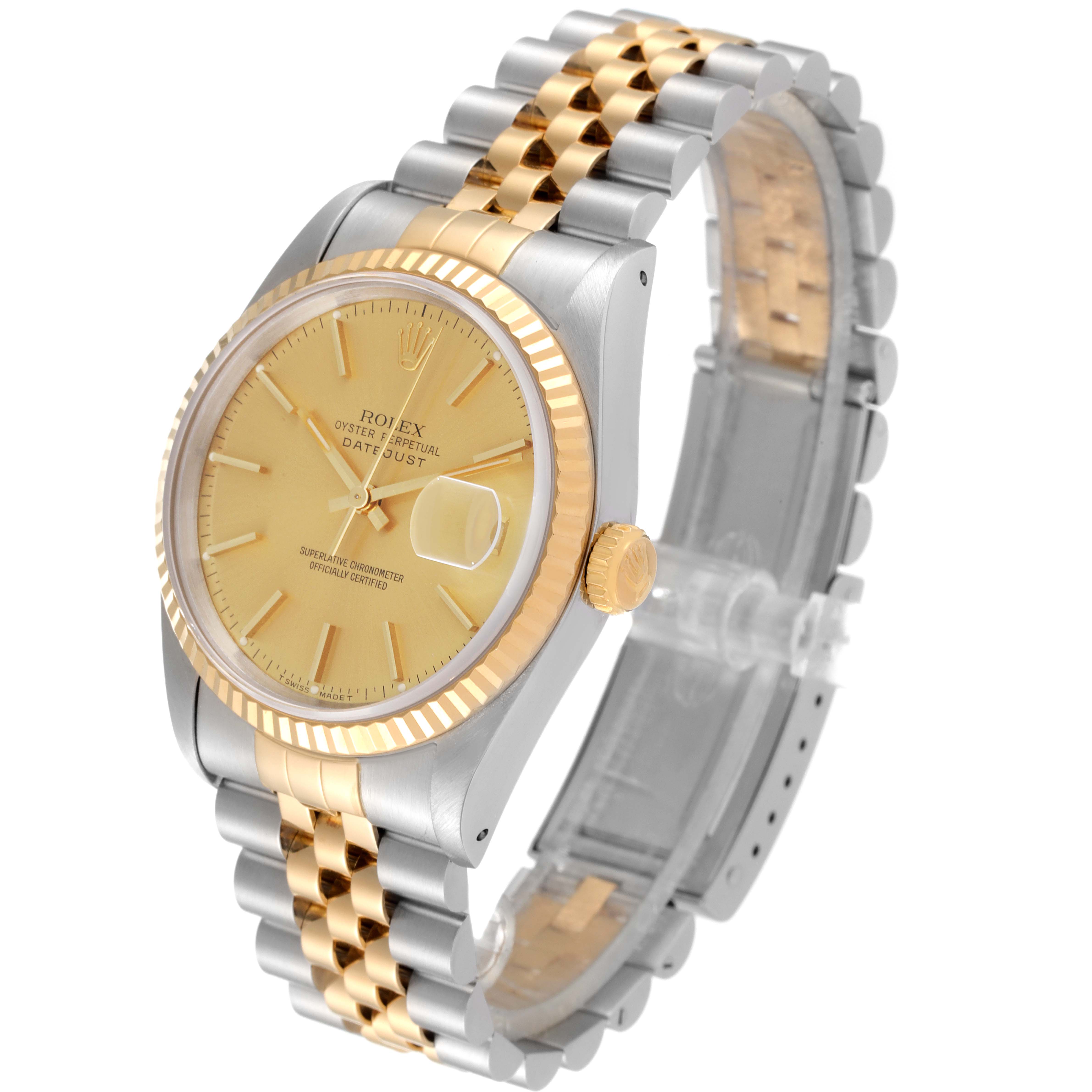 This image shows a Rolex Datejust 16233 Men's Steel and Gold (two tone) Champagne Dial 16233 Men's Steel and Gold (two tone) Champagne Dial watch from an angle highlighting its gold and stainless steel bracelet, bezel, and champagne dial.