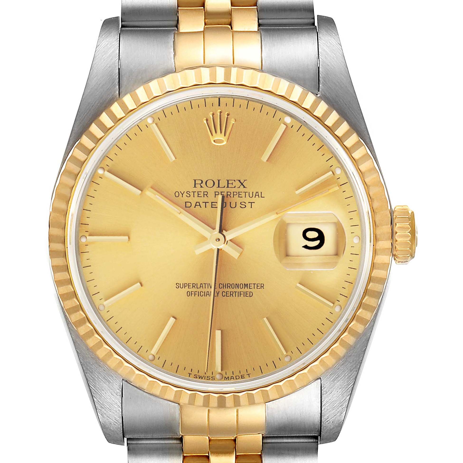 This image shows a front view of a Rolex Datejust 16233 Men's Steel and Gold (two tone) Champagne Dial 16233 Men's Steel and Gold (two tone) Champagne Dial watch, highlighting its gold dial, date display, and bi-metal bracelet.