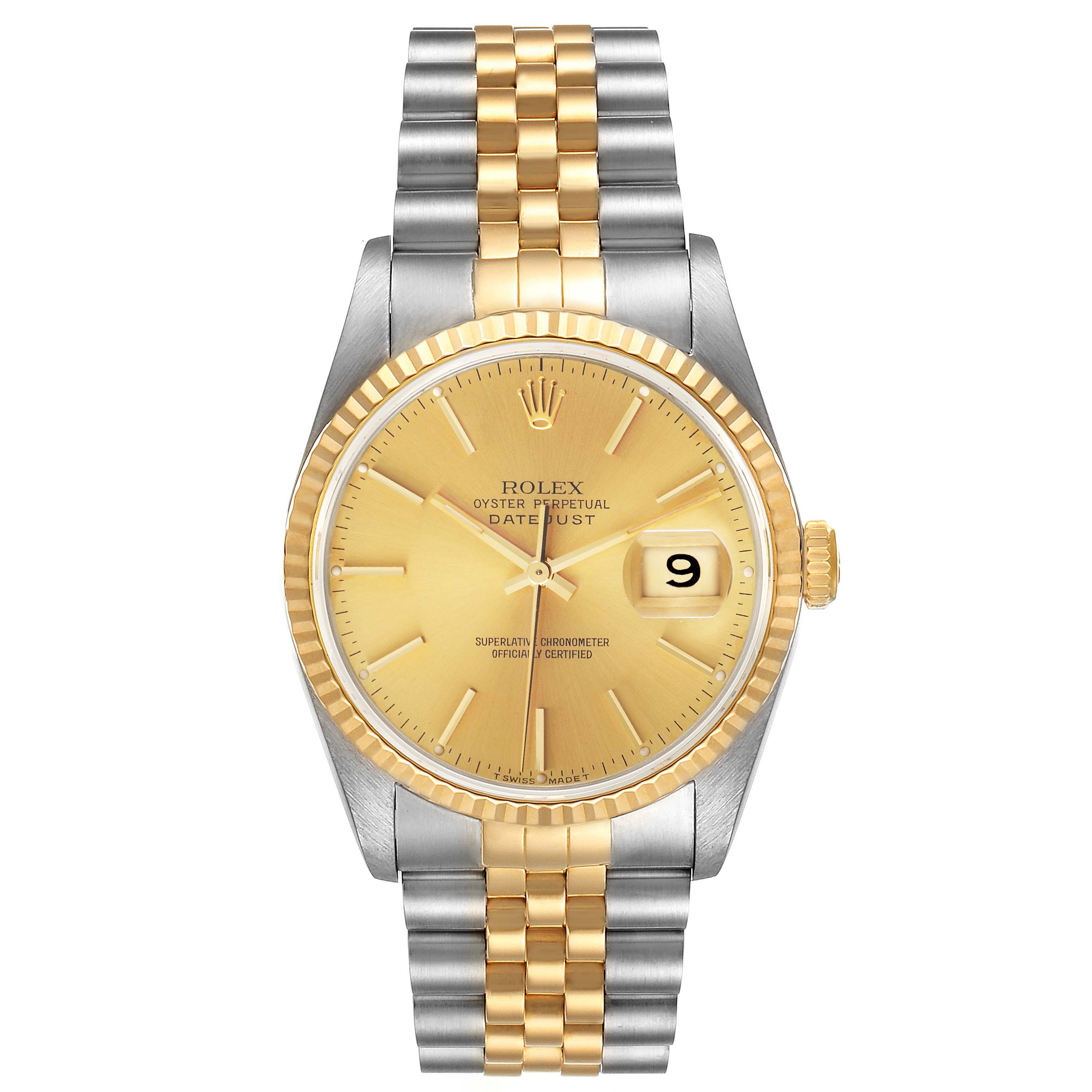 This image shows the front view of a Rolex Datejust 16233 Men's Steel and Gold (two tone) Champagne Dial 16233 Men's Steel and Gold (two tone) Champagne Dial watch, highlighting its face, bezel, crown, and bracelet.